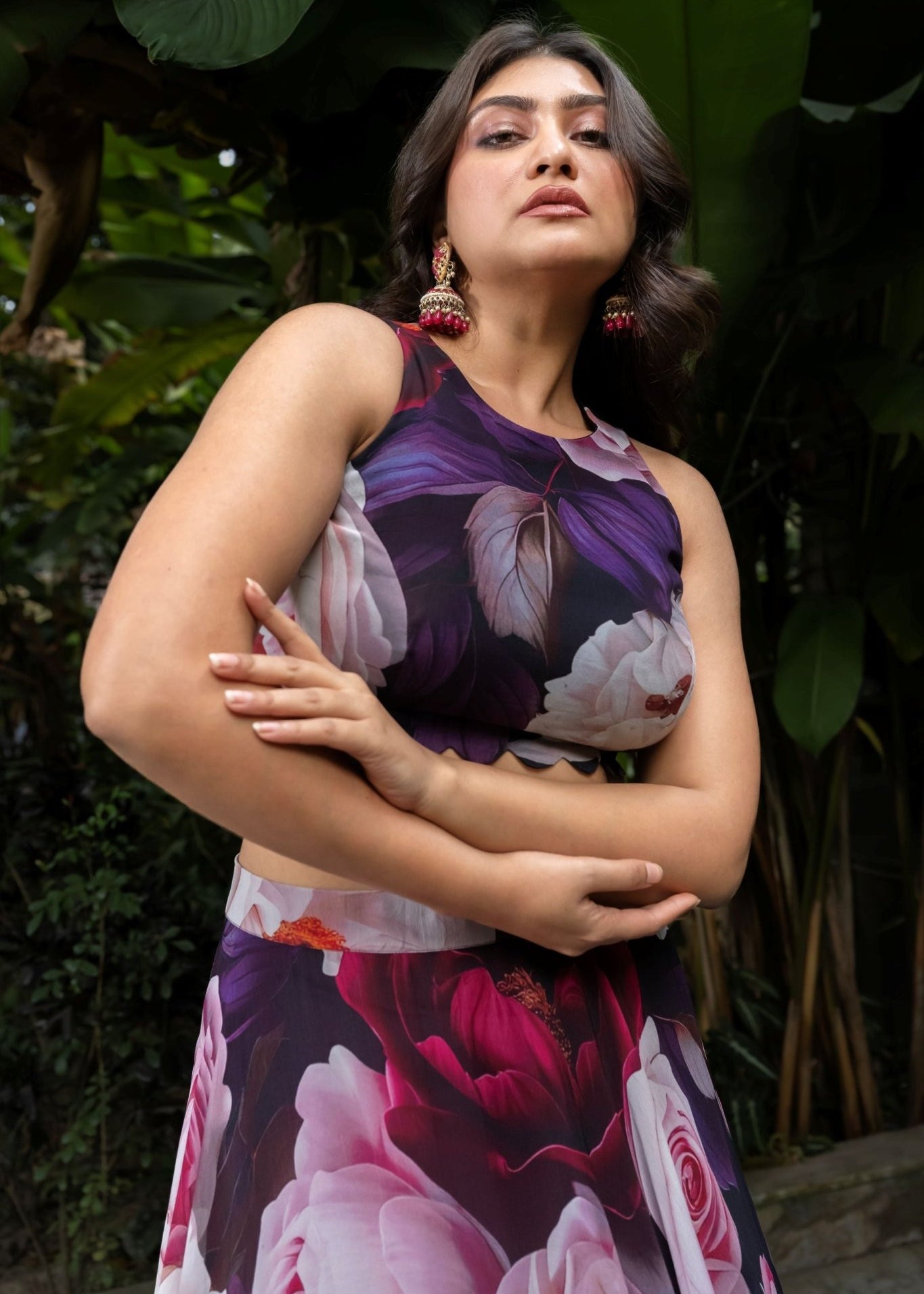 Rose Pink Floral Printed & Crop Top Lehenga Set - Anvi Couture