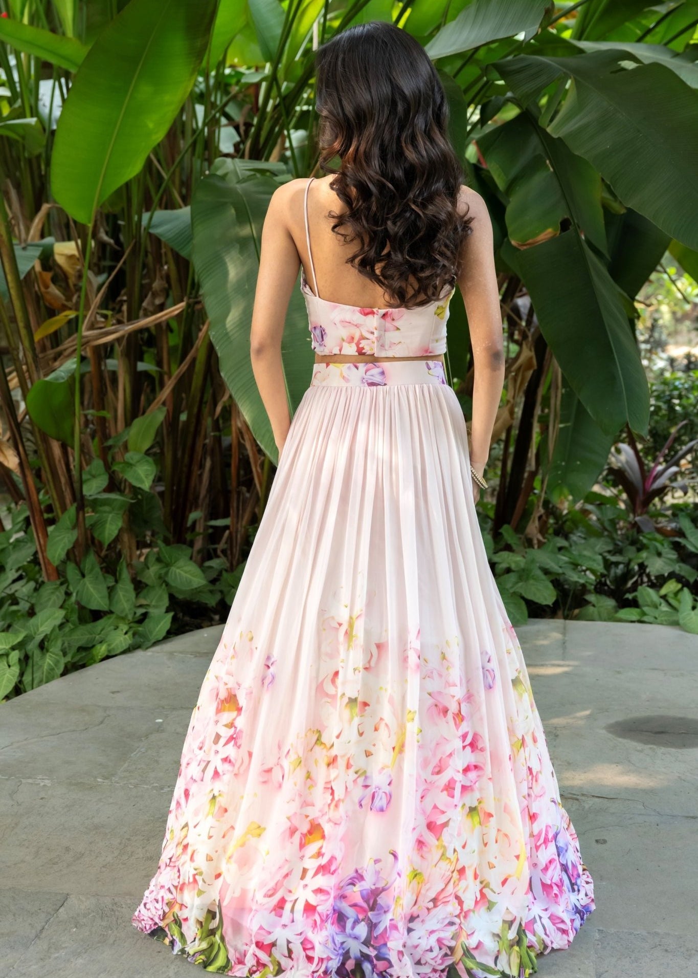 Rose Pink Mist Soft Blush Floral Lehenga — back view - Anvi Couture