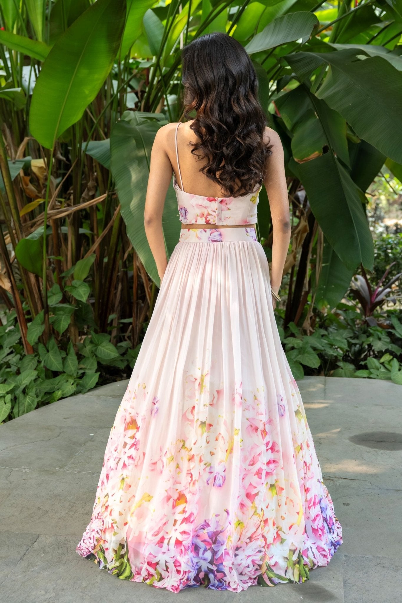 Rose Pink Mist Soft Blush Floral Lehenga — back view - Anvi Couture