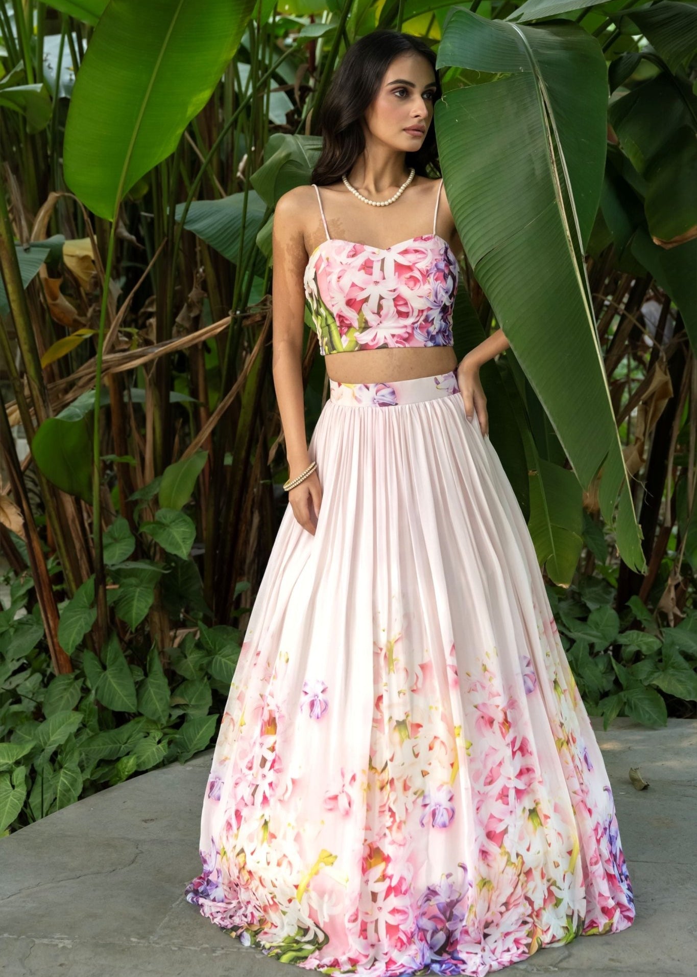 Rose Pink Mist Soft Blush Floral Lehenga — front view