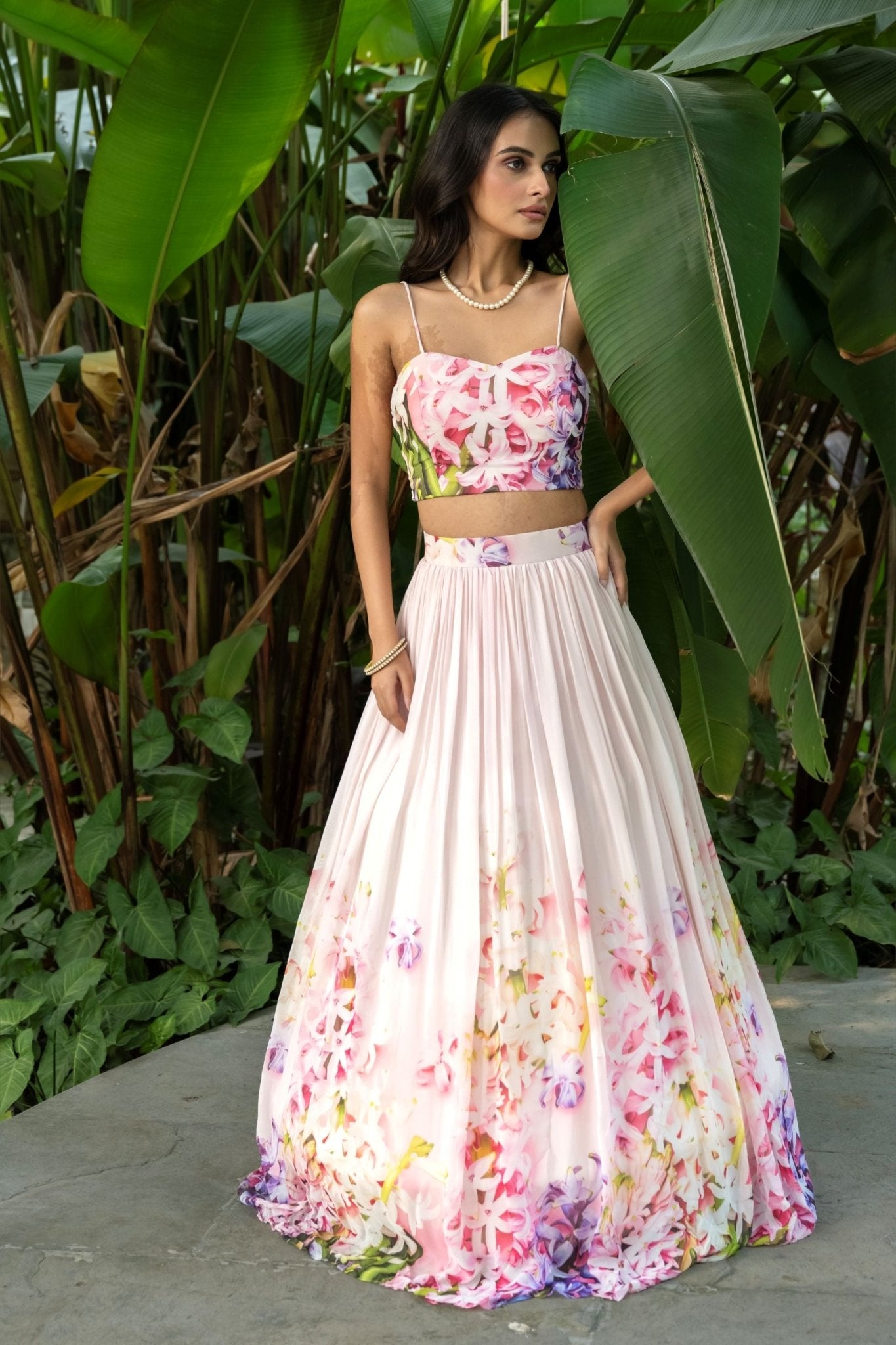 Rose Pink Mist Soft Blush Floral Lehenga — front view