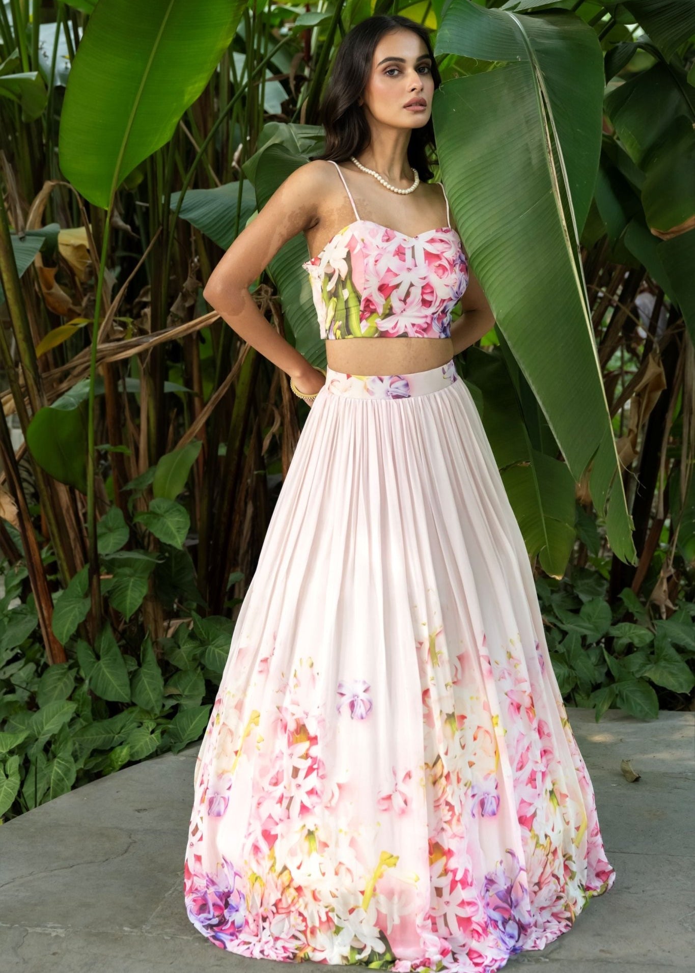 Rose Pink Mist Soft Blush Floral Lehenga — side view