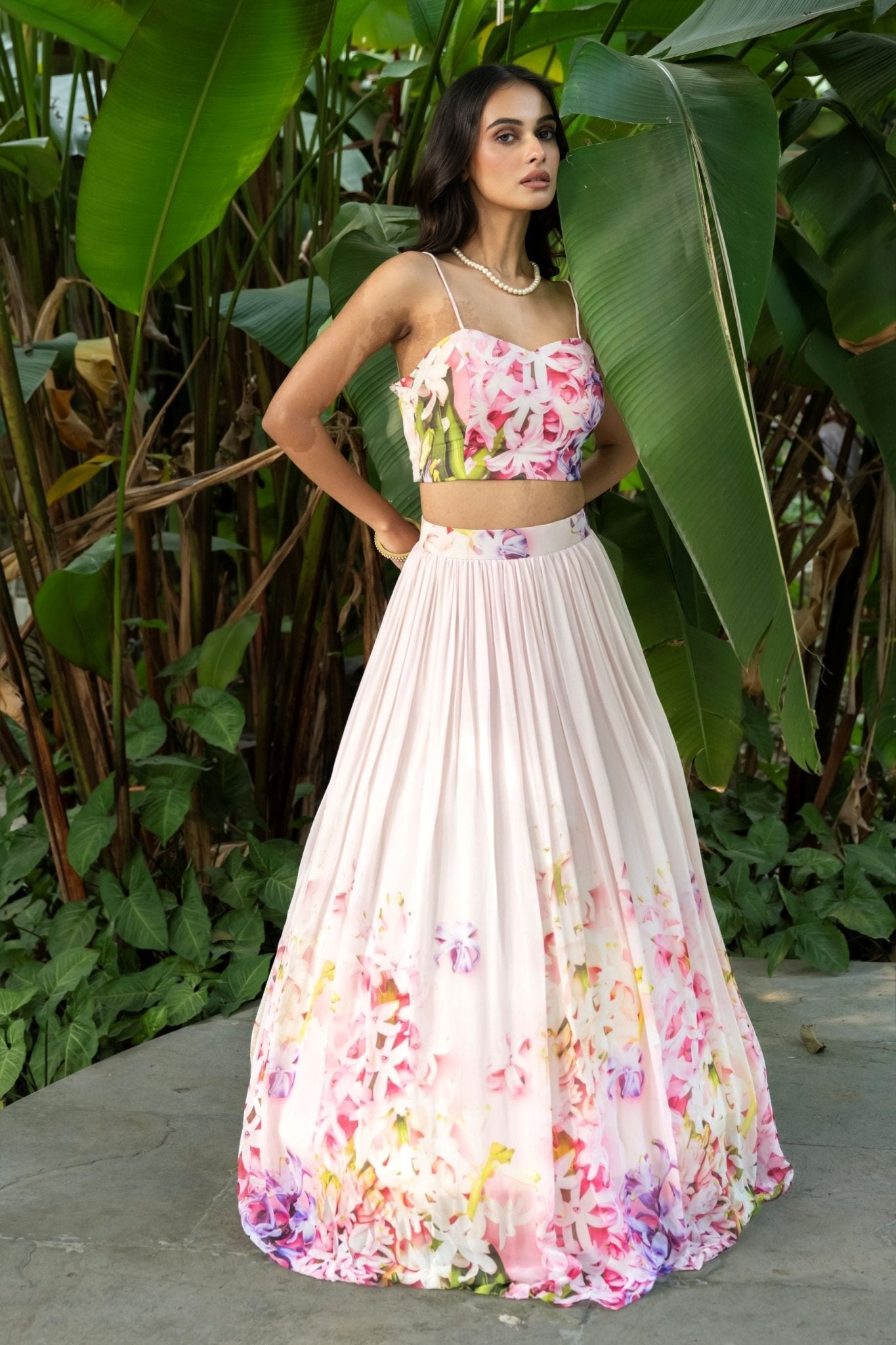 Rose Pink Mist Soft Blush Floral Lehenga — side view
