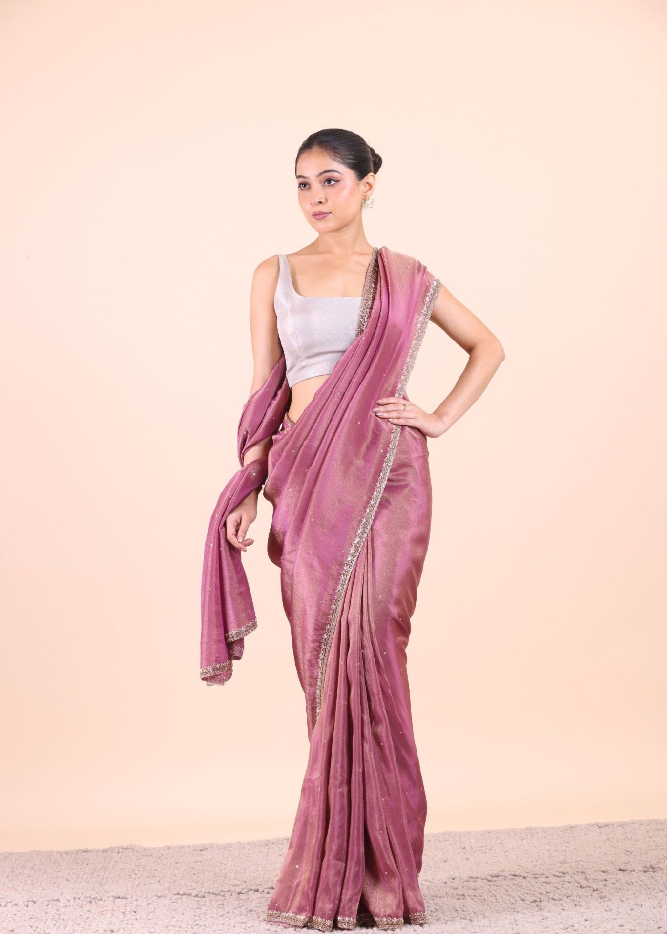 Rose Pink Tissue Silk Saree With Embroidered Work - Anvi Couture