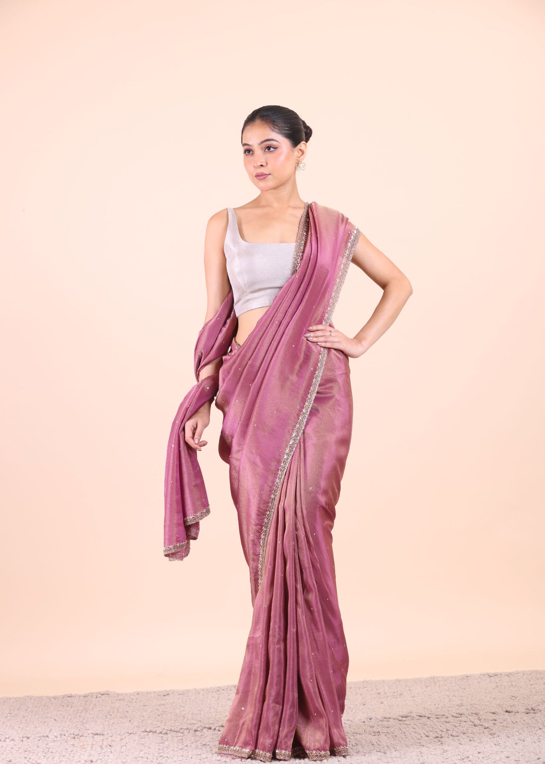 Rose Pink Tissue Silk Saree With Embroidered Work full