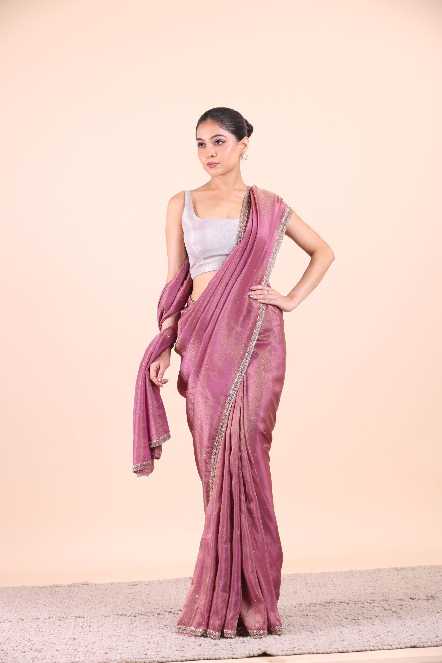 Rose Pink Tissue Silk Saree With Embroidered Work full