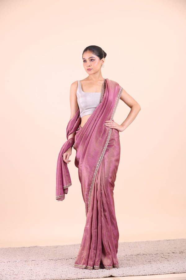 Rose Pink Tissue Silk Saree With Embroidered Work full