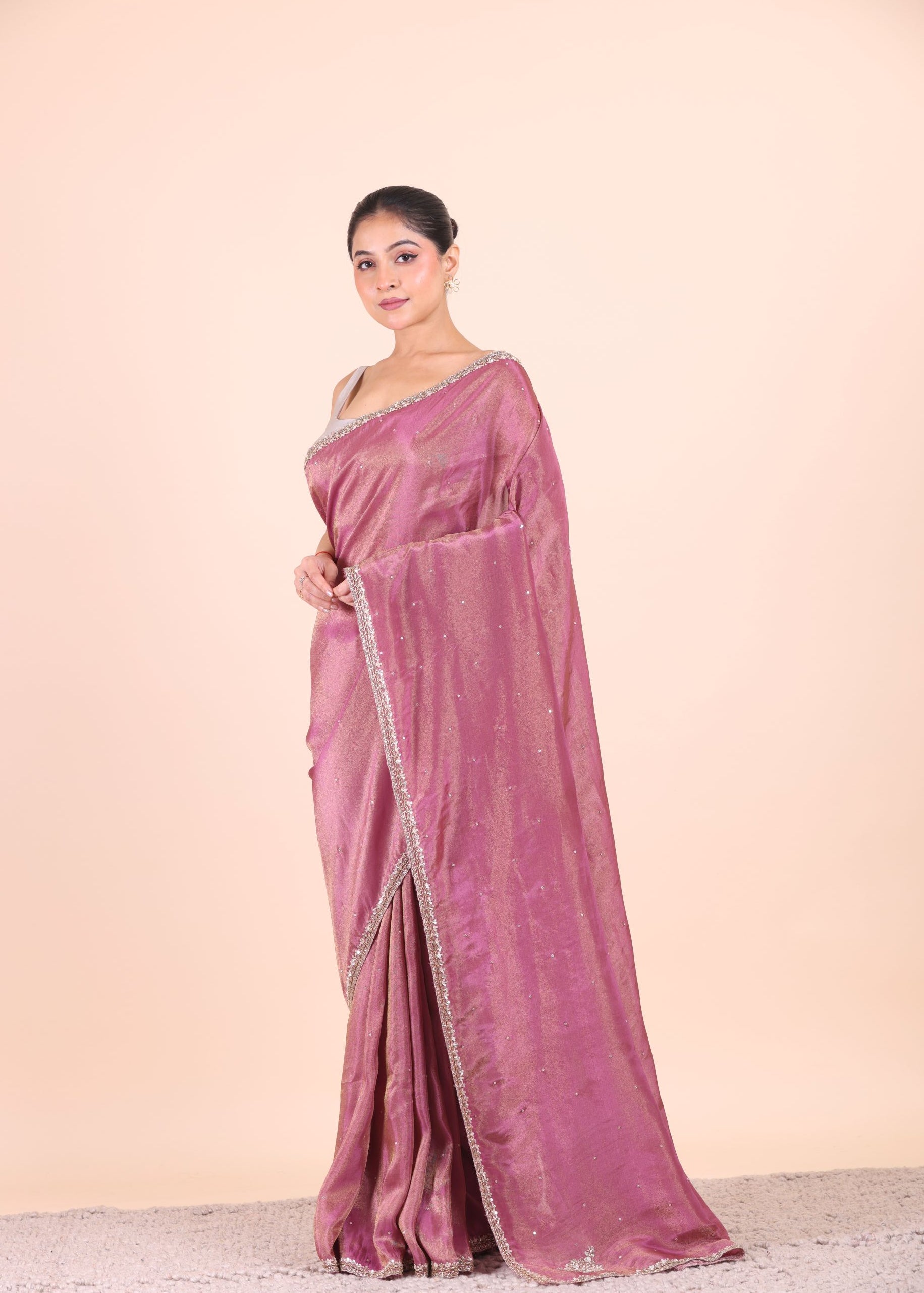 Rose Pink Tissue Silk Saree With Embroidered Work front
