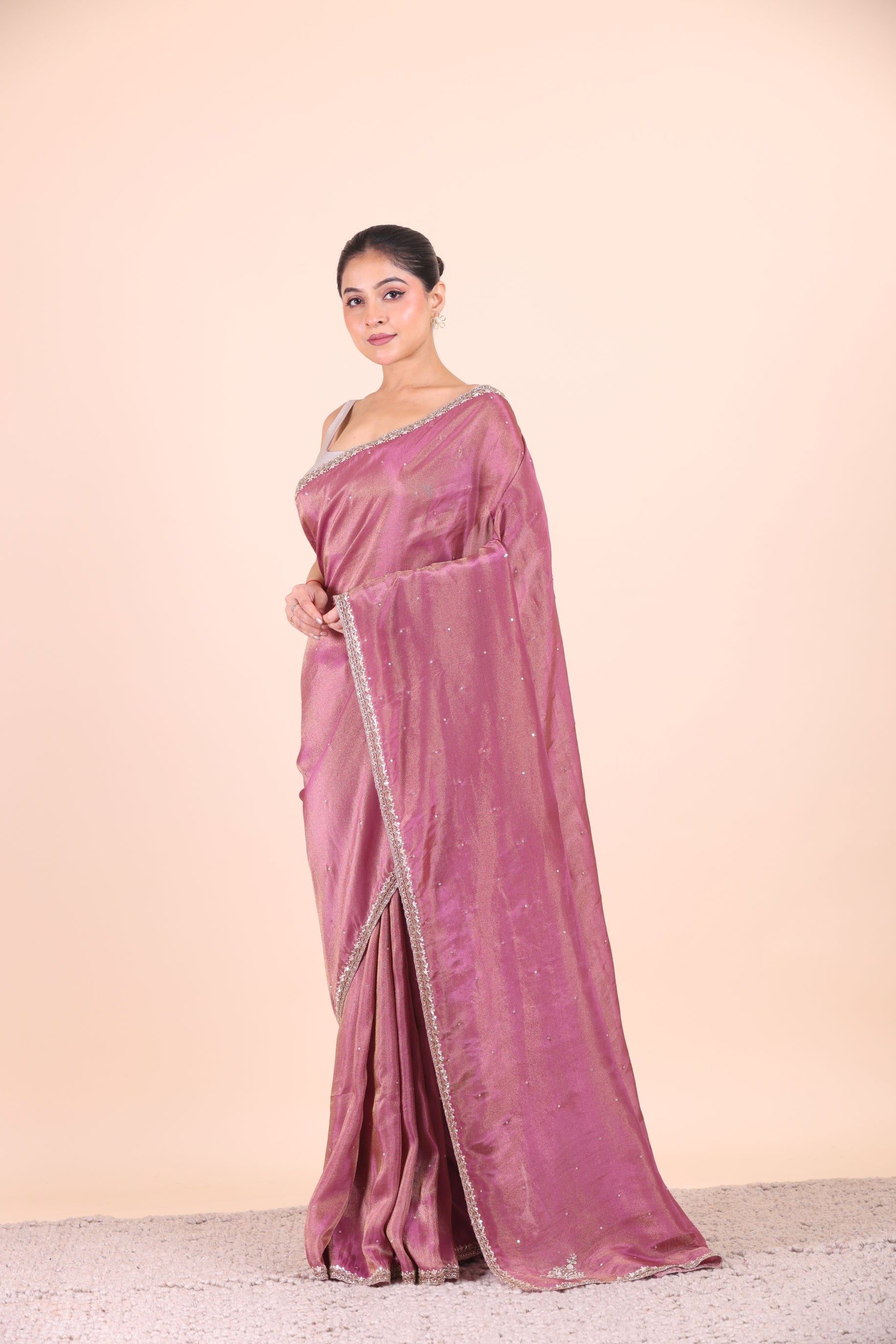 Rose Pink Tissue Silk Saree With Embroidered Work front