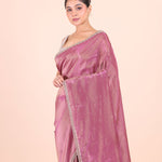 Rose Pink Tissue Silk Saree With Embroidered Work close up