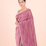 Rose Pink Tissue Silk Saree With Embroidered Work close up