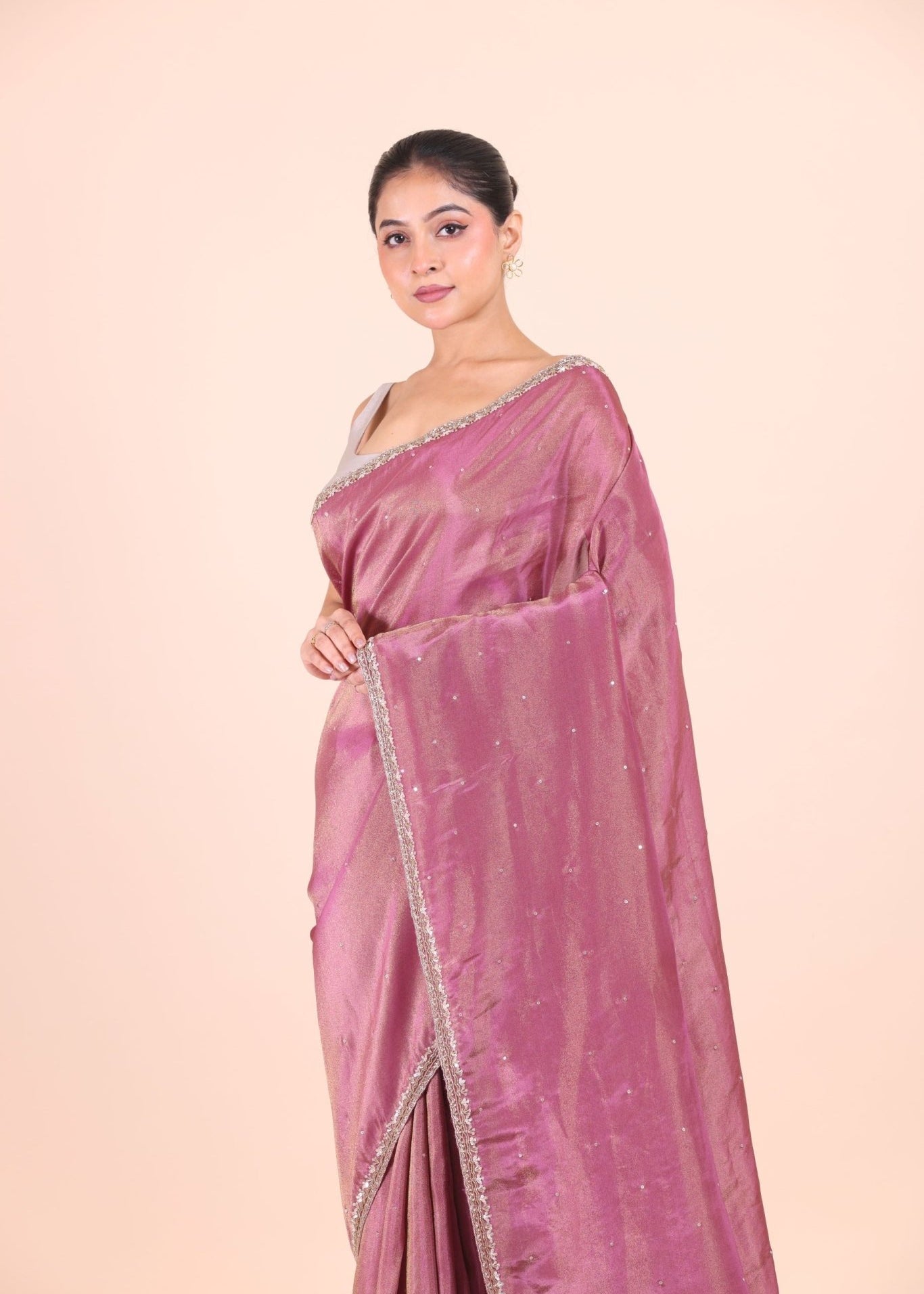 Rose Pink Tissue Silk Saree With Embroidered Work - Anvi Couture