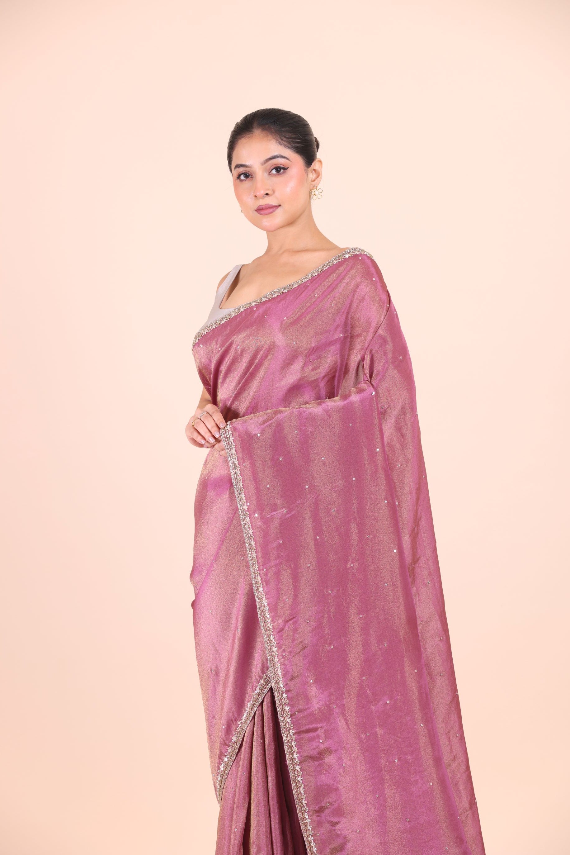 Rose Pink Tissue Silk Saree With Embroidered Work close up