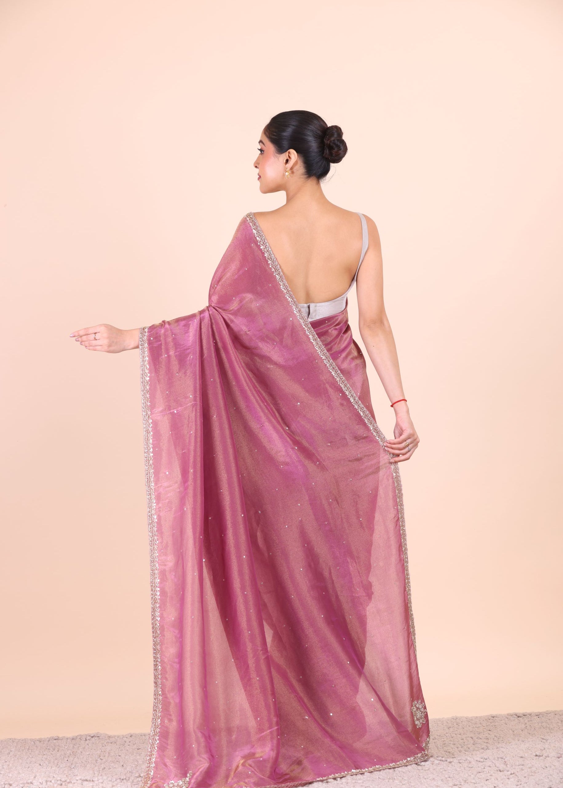 Rose Pink Tissue Silk Saree With Embroidered Work back
