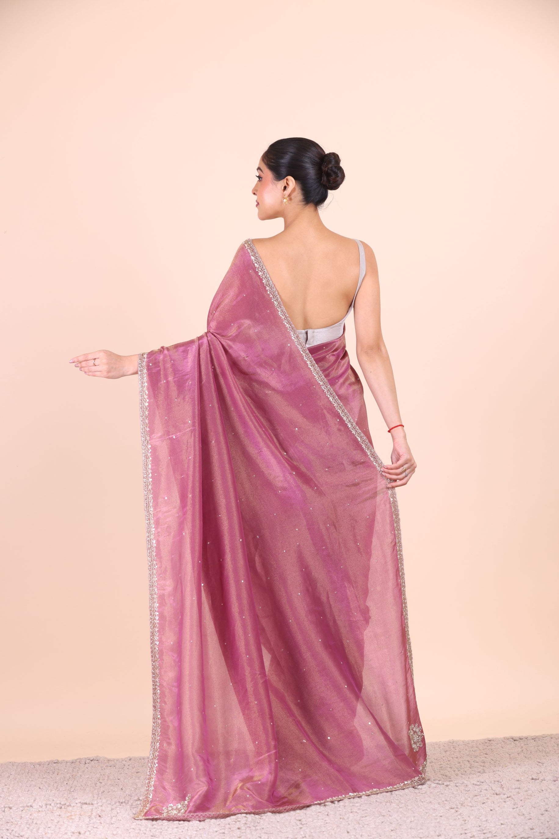 Rose Pink Tissue Silk Saree With Embroidered Work back