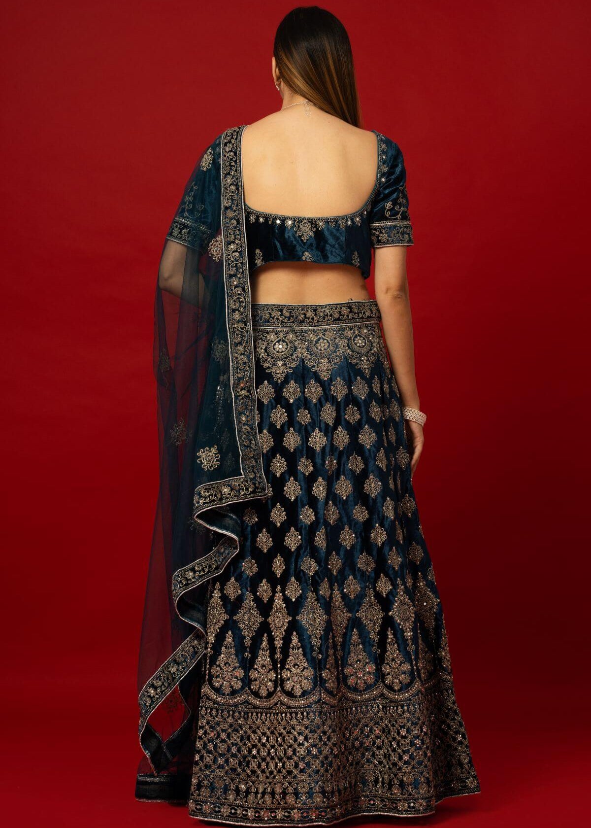 Designer Bridal Lehenga in Blue Velvet with Zardozi Handwork