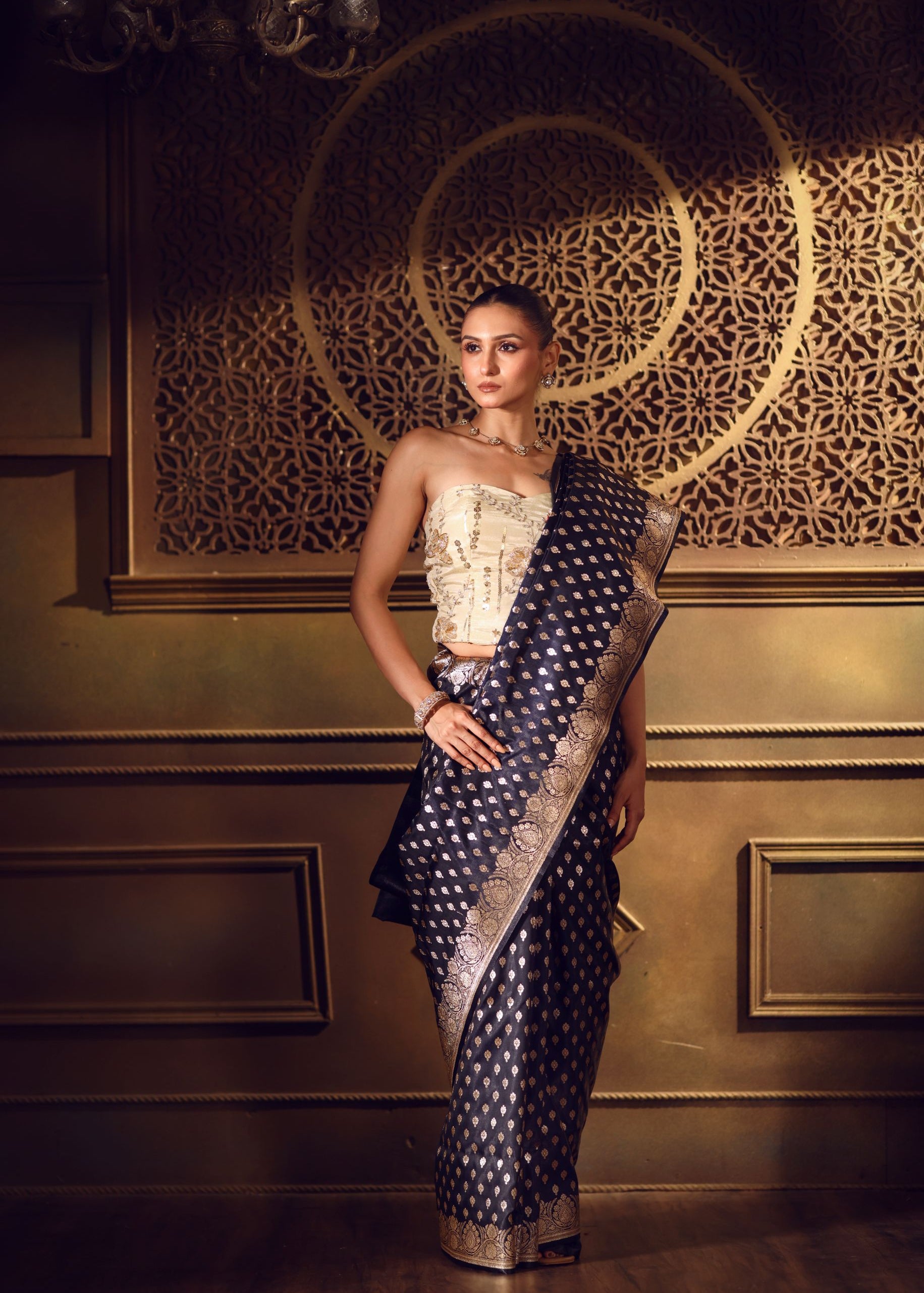 Royal Blue Bridal Banarasi Saree full