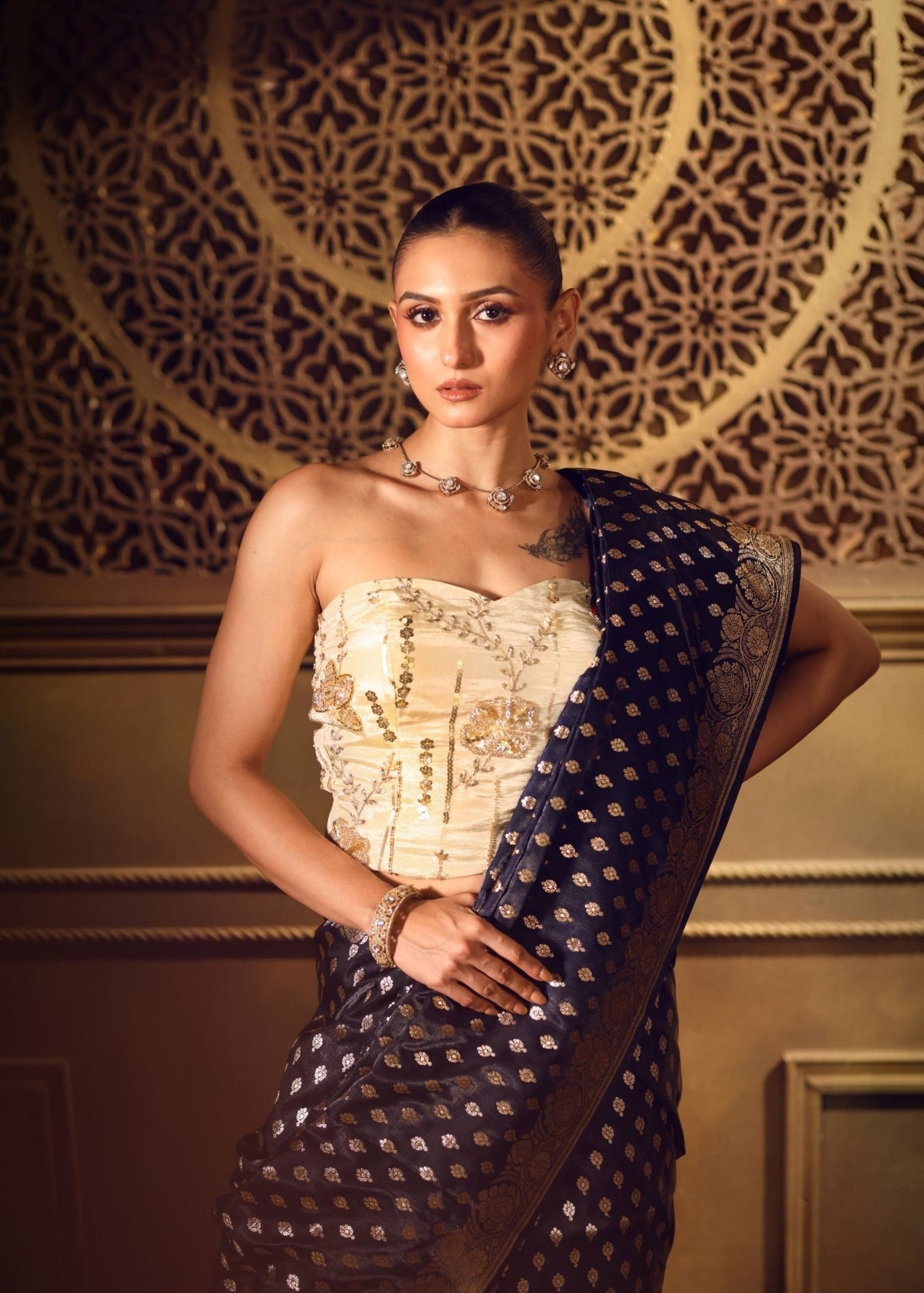 Royal Blue Bridal Banarasi Saree - Anvi Couture