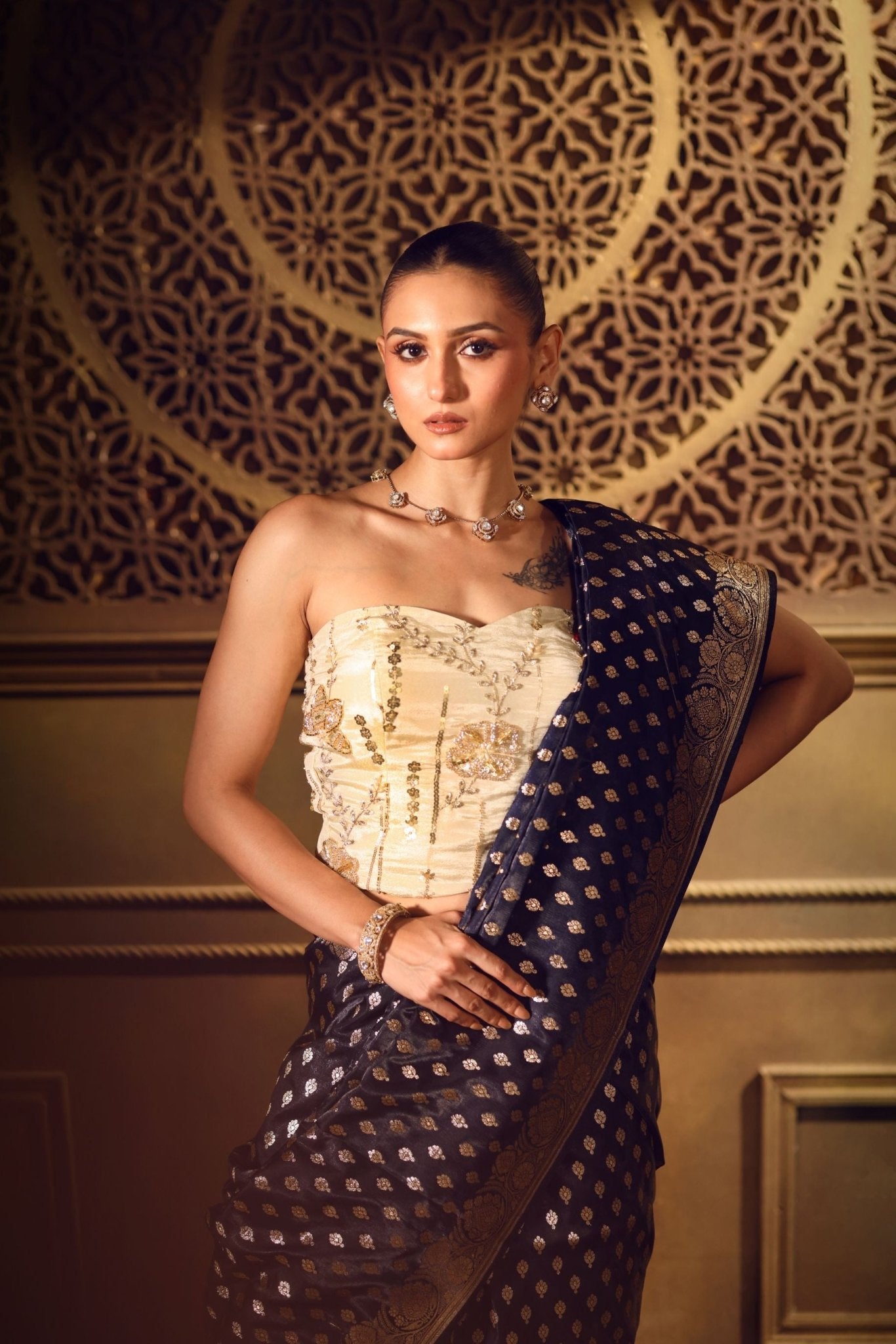 Royal Blue Bridal Banarasi Saree - Anvi Couture