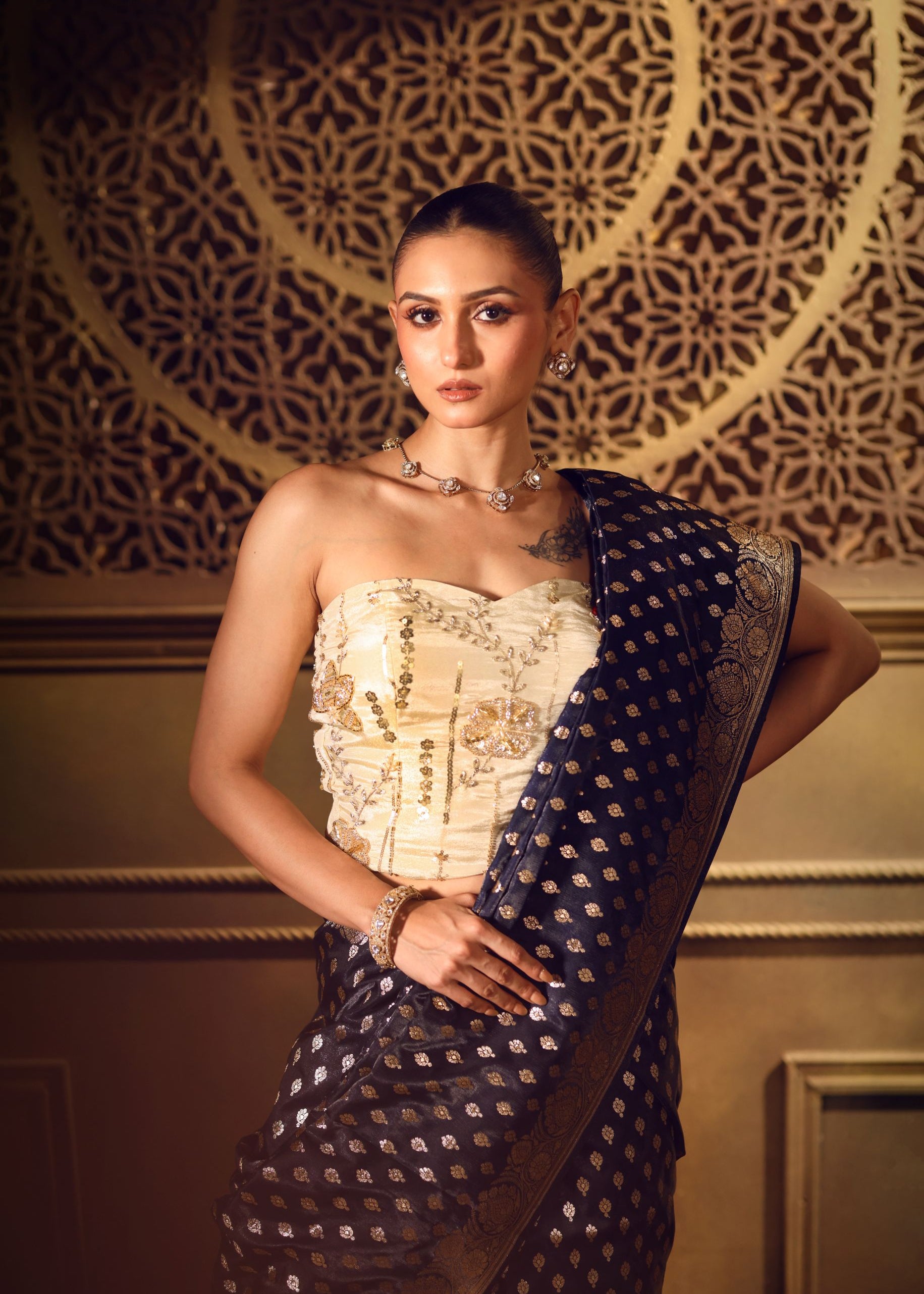 Royal Blue Bridal Banarasi Saree front