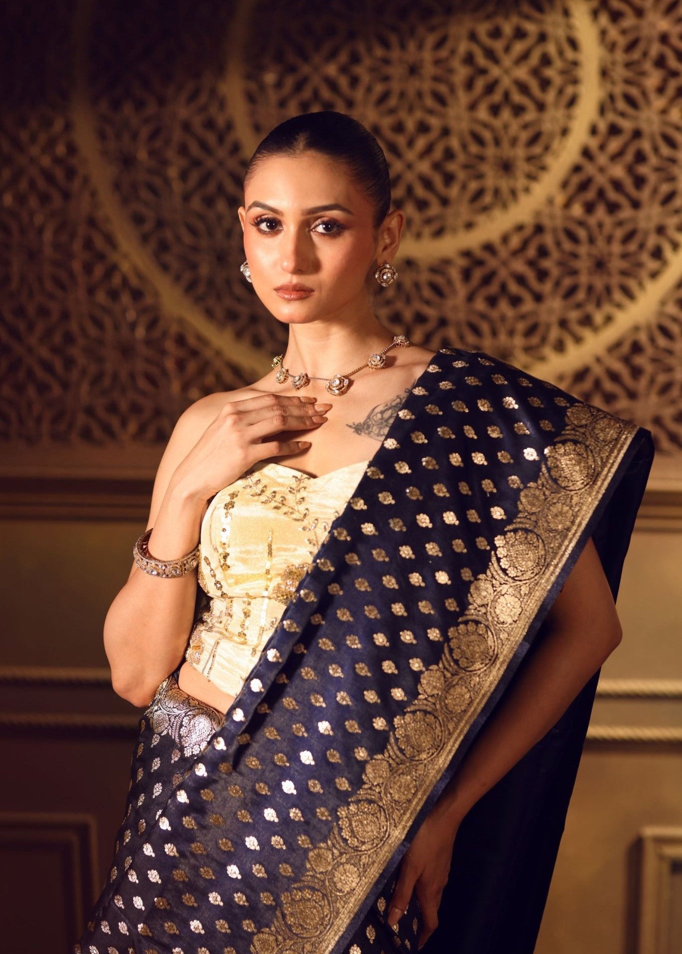 Royal Blue Bridal Banarasi Saree - Anvi Couture