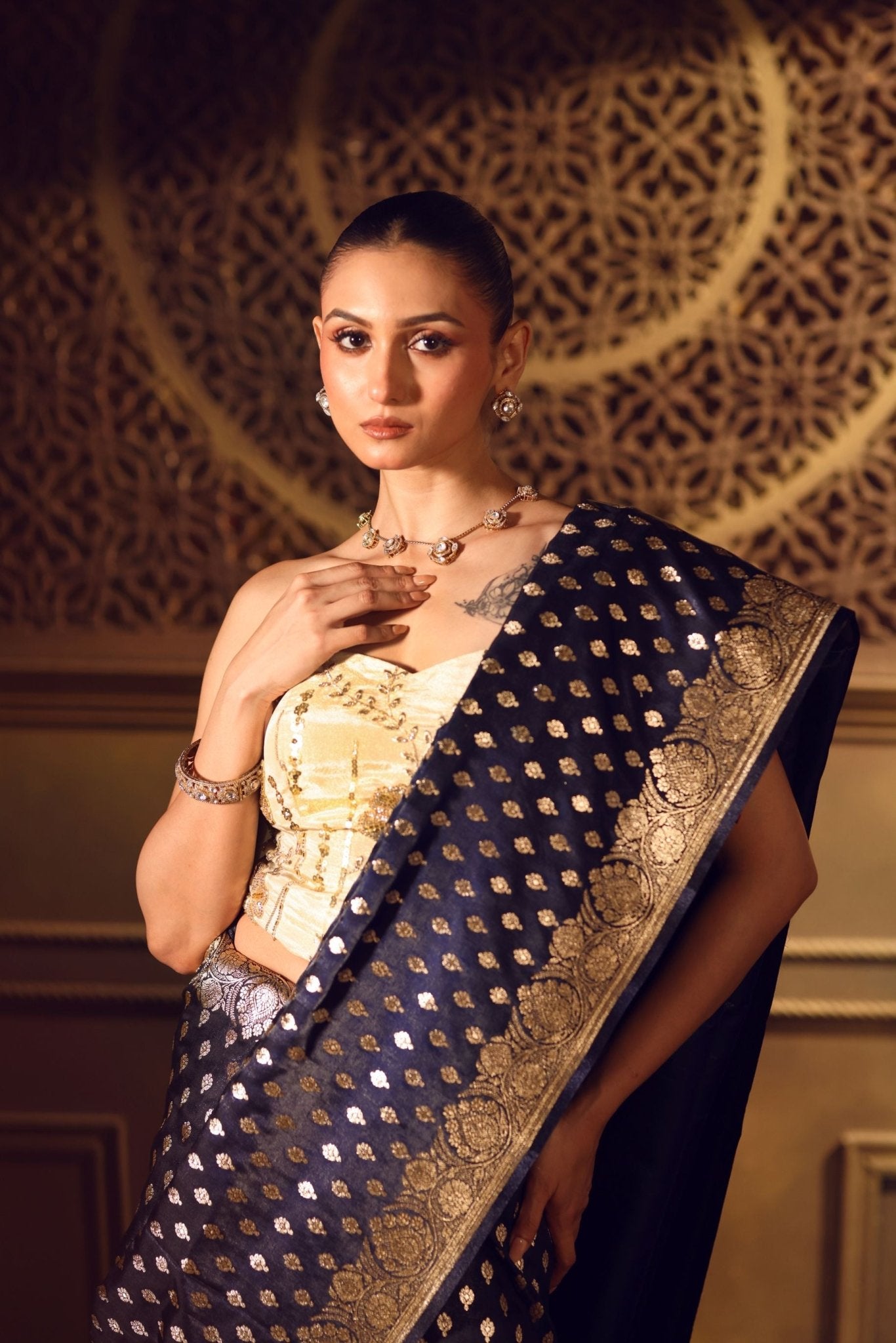 Royal Blue Bridal Banarasi Saree - Anvi Couture