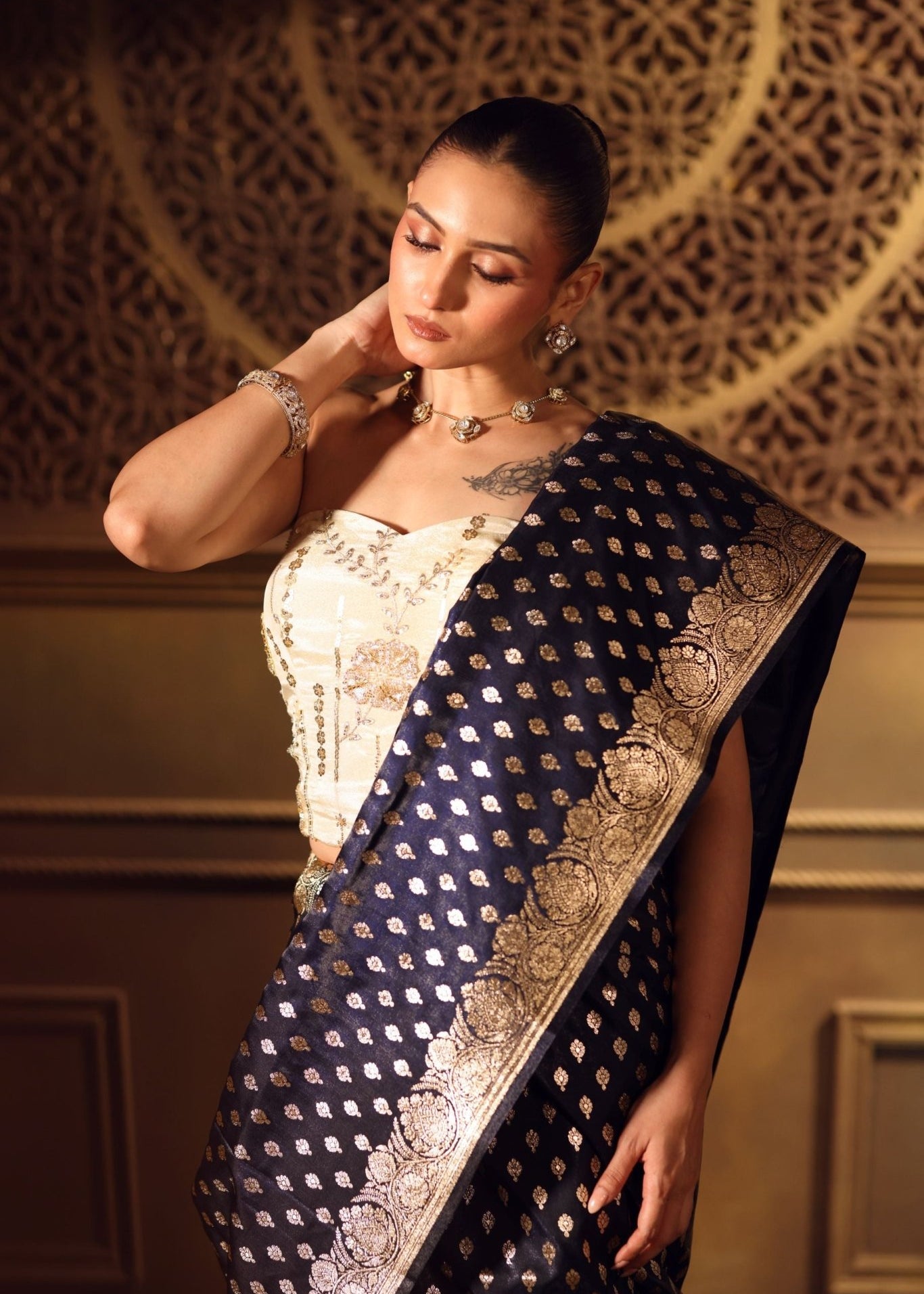 Royal Blue Bridal Banarasi Saree - Anvi Couture