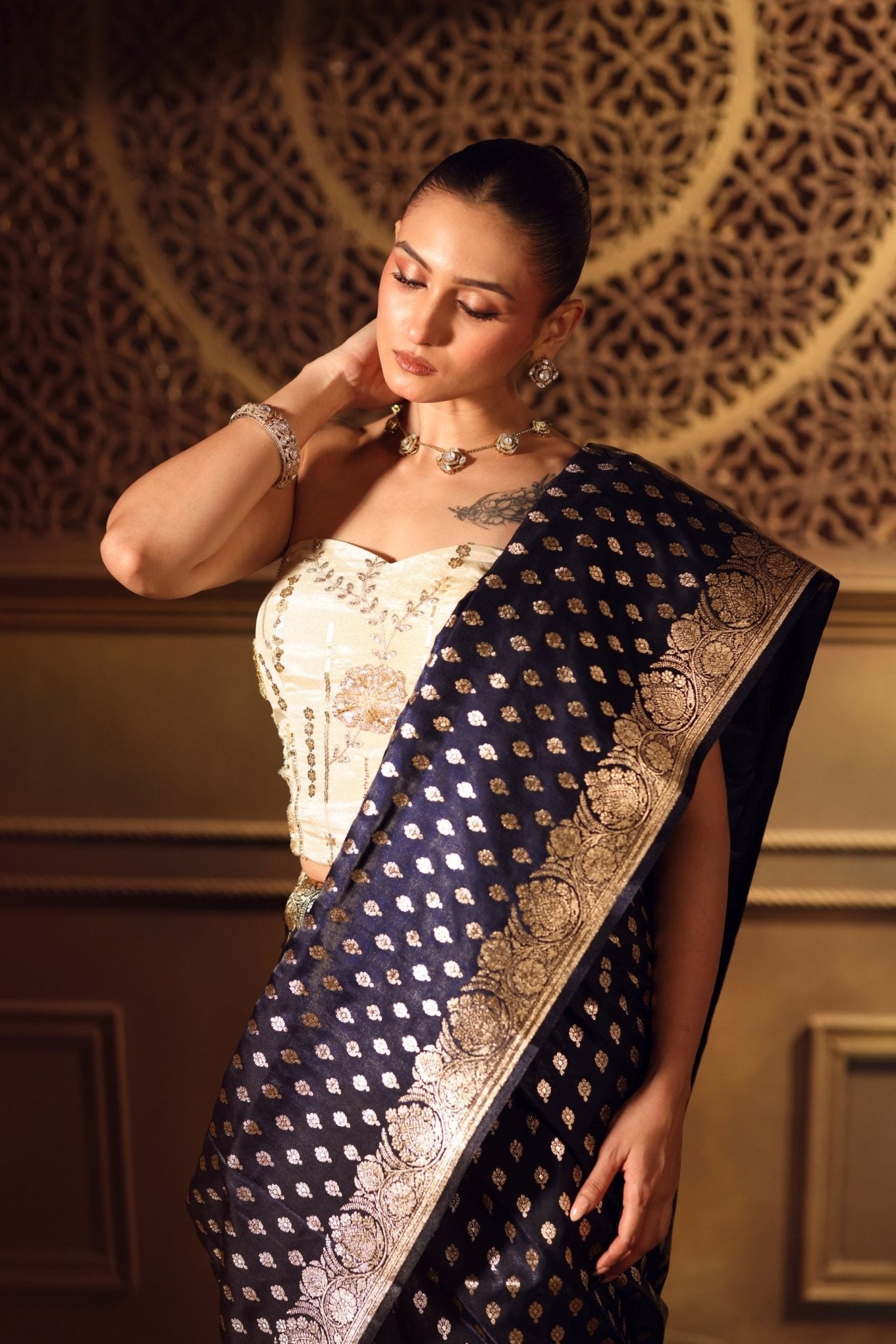 Royal Blue Bridal Banarasi Saree - Anvi Couture