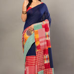 Royal Blue Cotton Saree With Red Multicolor Gamcha Checks - Anvi Couture