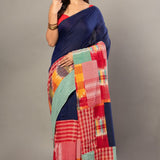 Royal Blue Cotton Saree With Red Multicolor Gamcha Checks - Anvi Couture