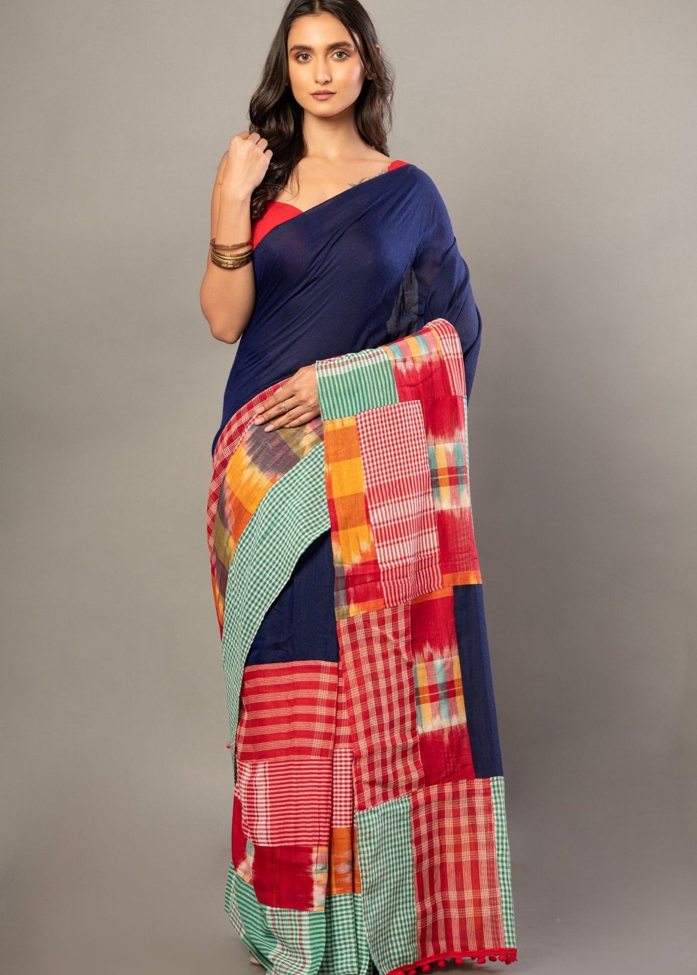 Royal Blue Cotton Saree With Red Multicolor Gamcha Checks - Anvi Couture