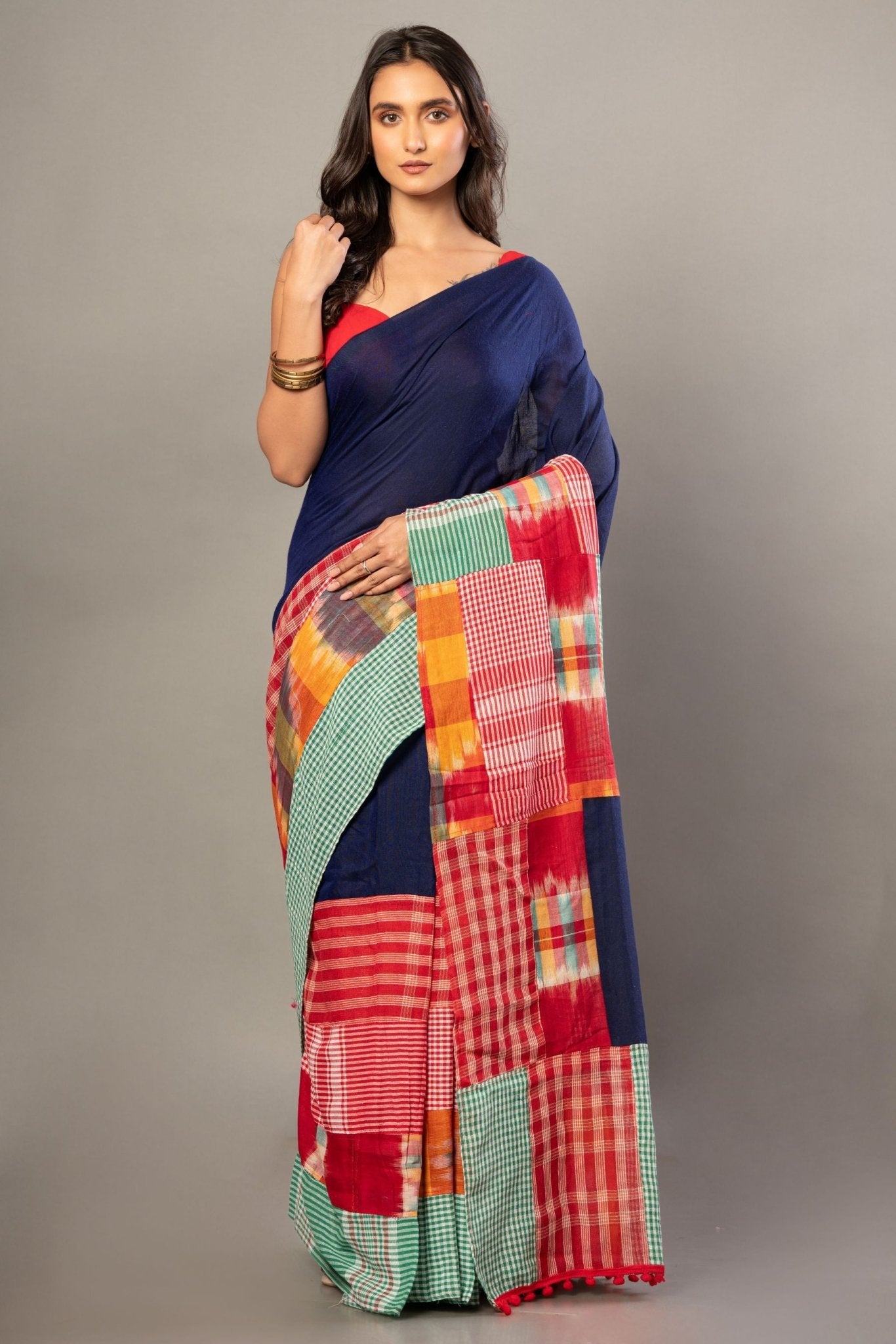 Royal Blue Cotton Saree With Red Multicolor Gamcha Checks - Anvi Couture