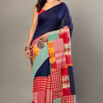 Royal Blue Cotton Saree With Red Multicolor Gamcha Checks - Anvi Couture