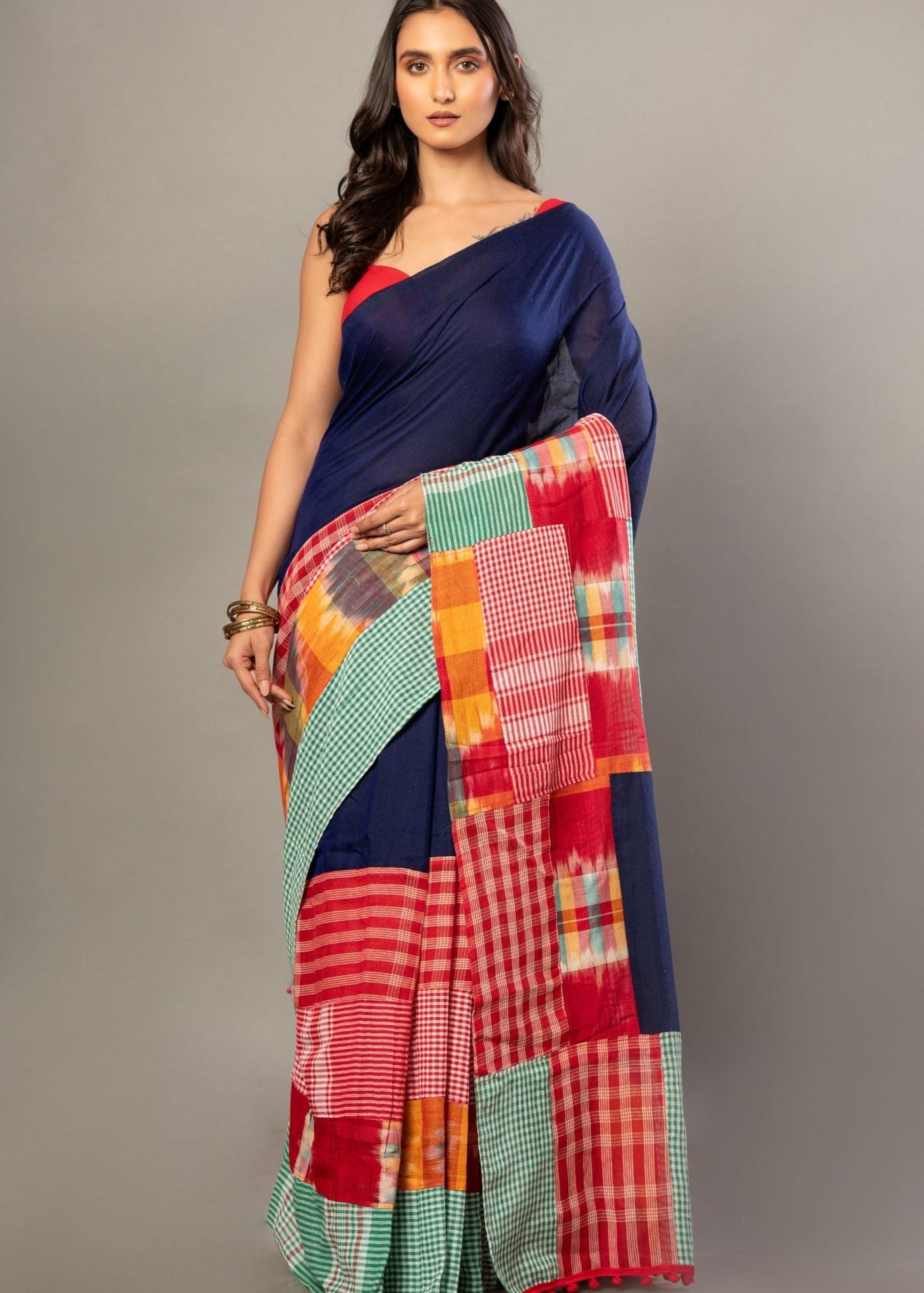 Royal Blue Cotton Saree With Red Multicolor Gamcha Checks - Anvi Couture