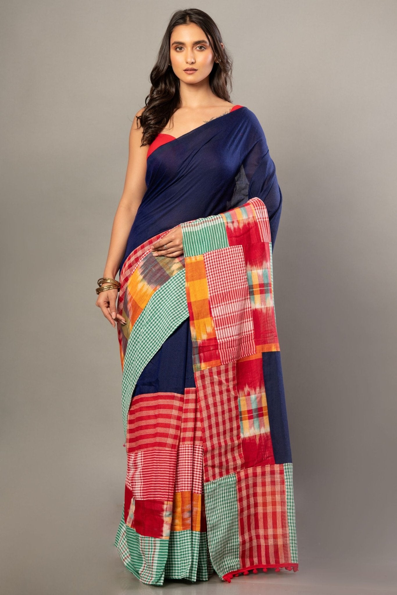 Royal Blue Cotton Saree With Red Multicolor Gamcha Checks - Anvi Couture