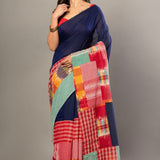 Royal Blue Cotton Saree With Red Multicolor Gamcha Checks - Anvi Couture