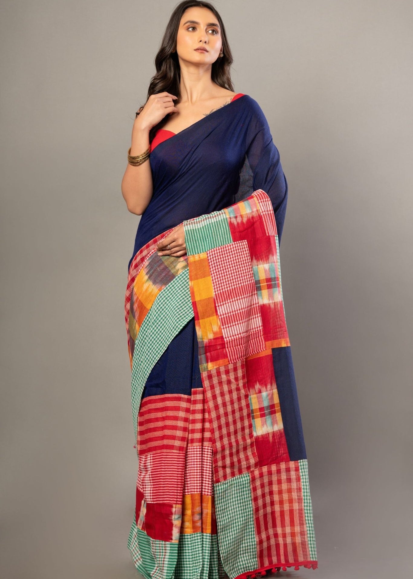 Royal Blue Cotton Saree With Red Multicolor Gamcha Checks - Anvi Couture