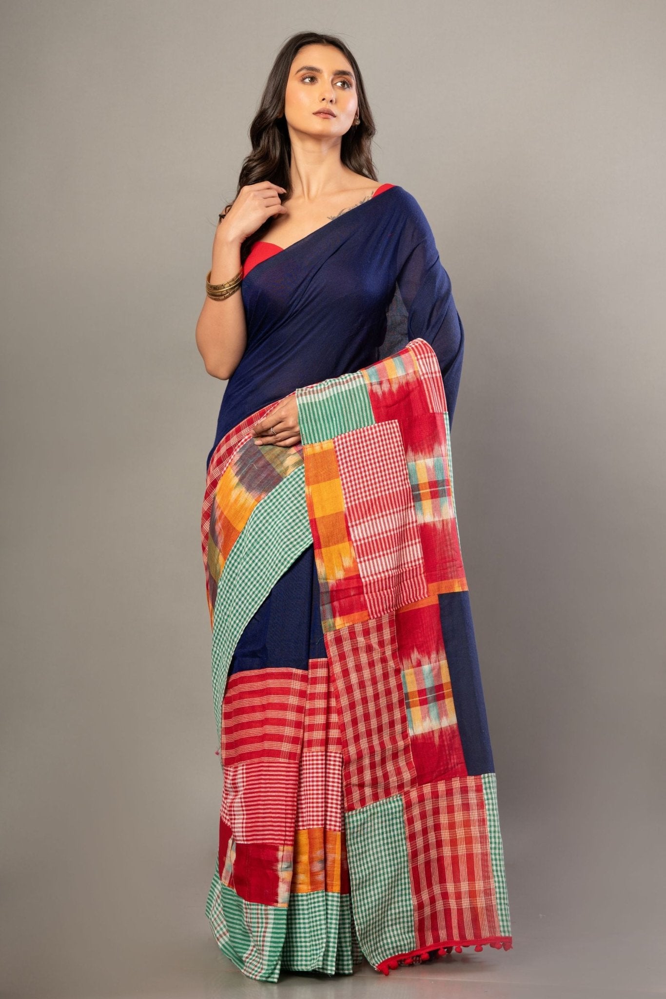 Royal Blue Cotton Saree With Red Multicolor Gamcha Checks - Anvi Couture