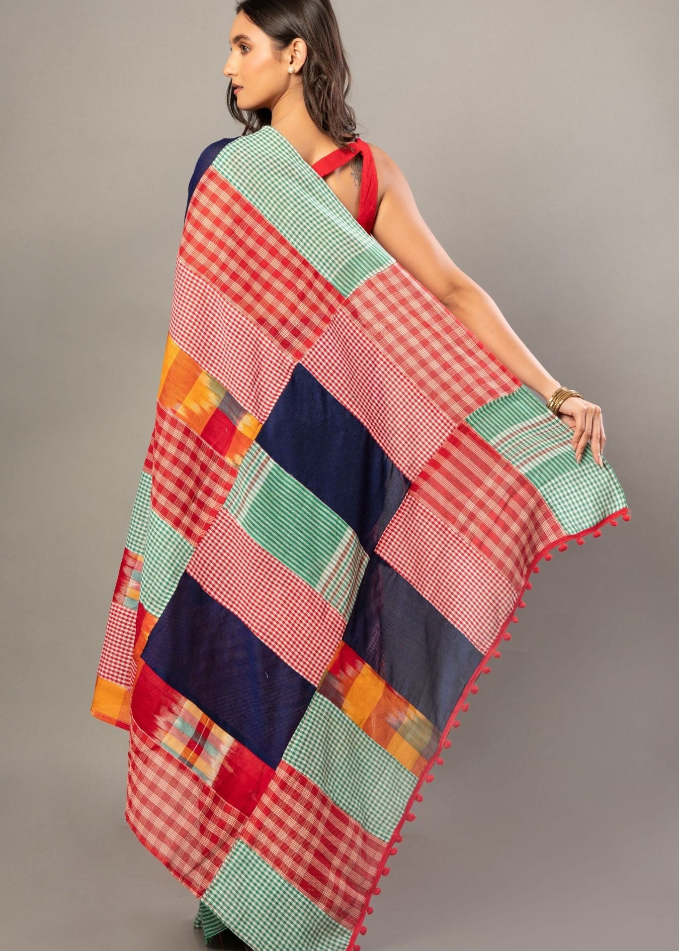 Royal Blue Cotton Saree With Red Multicolor Gamcha Checks - Anvi Couture