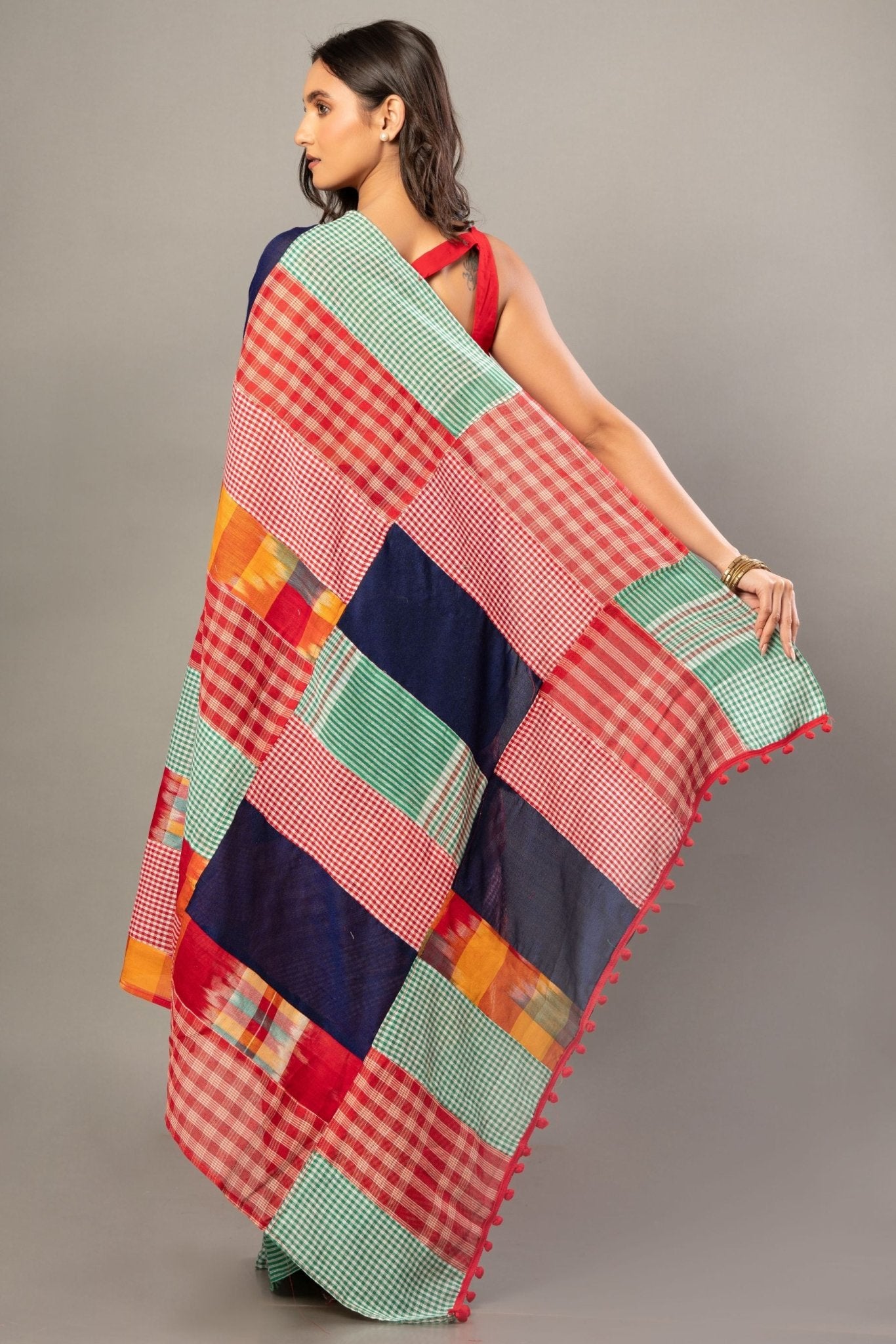 Royal Blue Cotton Saree With Red Multicolor Gamcha Checks - Anvi Couture