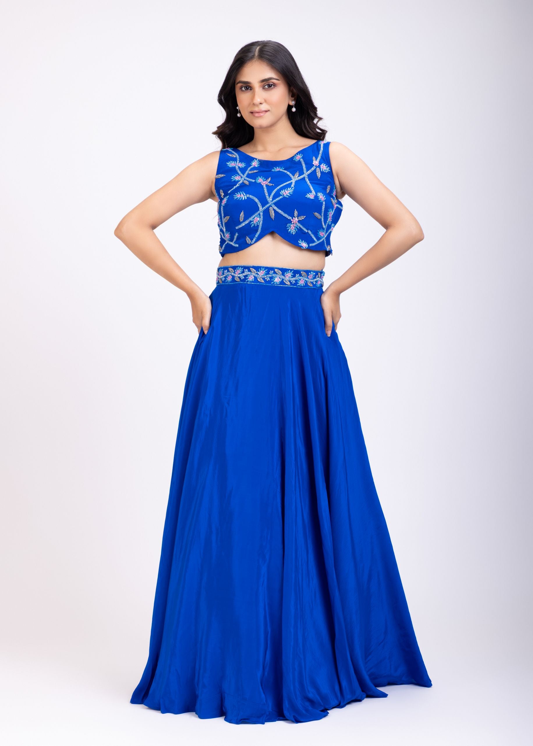 Royal Blue Crop Top Lehenga Set With Hand Embroidered Blouse Full