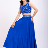 Royal Blue Crop Top Lehenga Set With Hand Embroidered Blouse Front