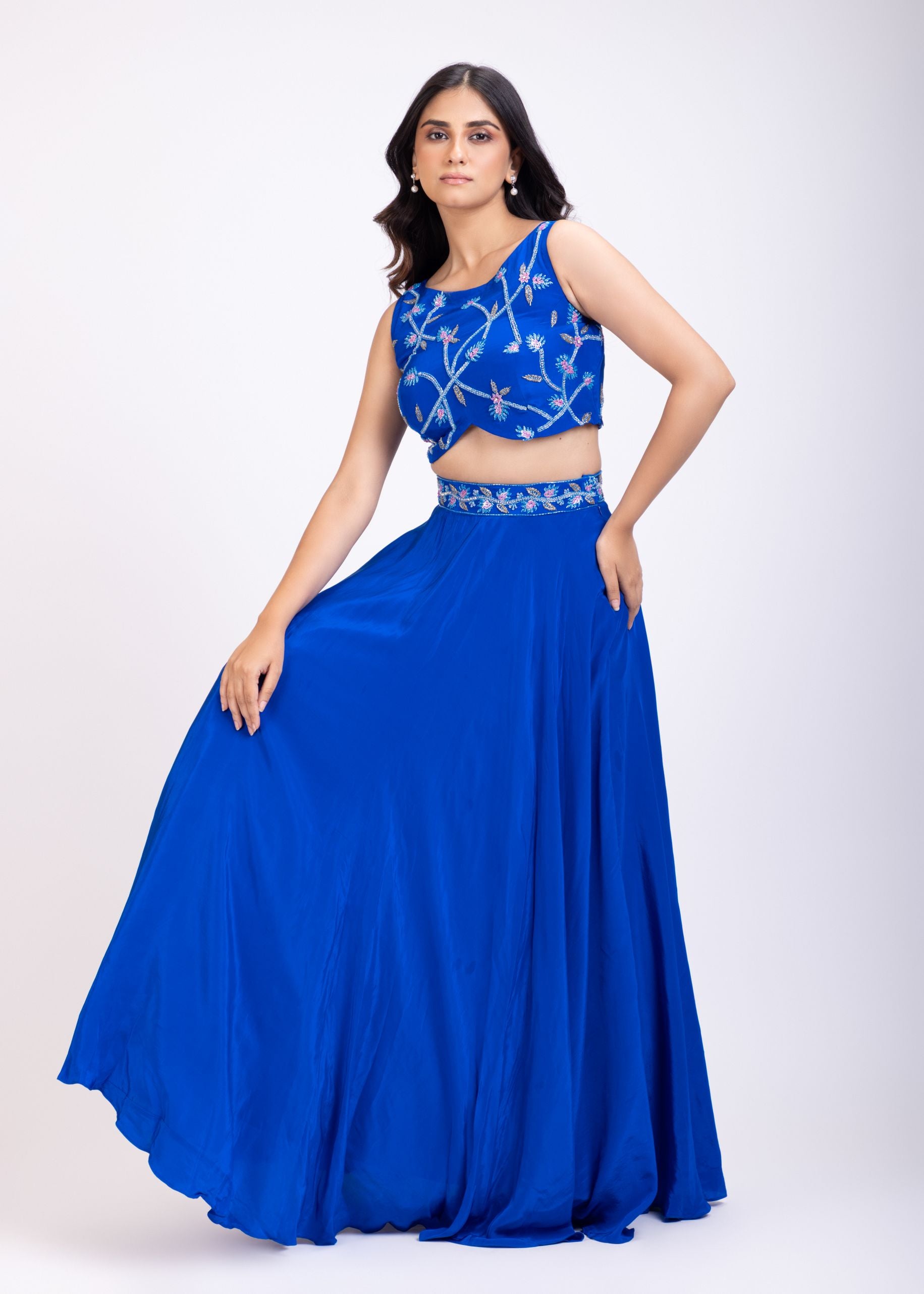 Royal Blue Crop Top Lehenga Set With Hand Embroidered Blouse Front