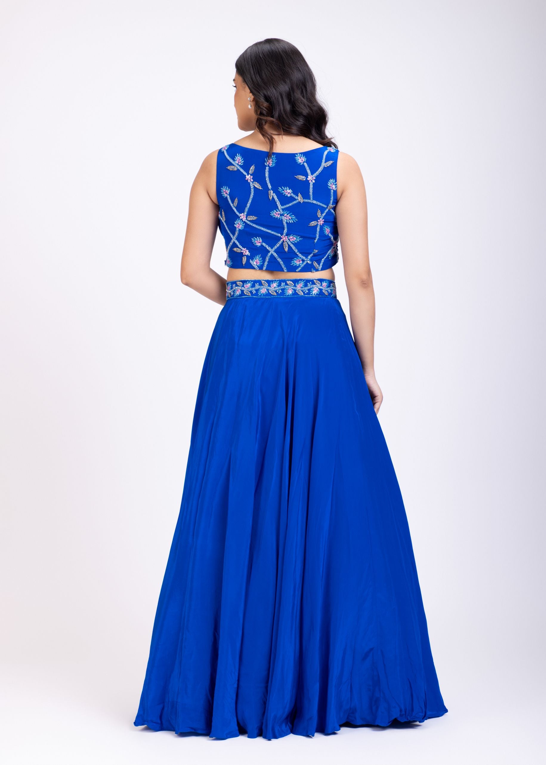Royal Blue Crop Top Lehenga Set With Hand Embroidered Blouse Back