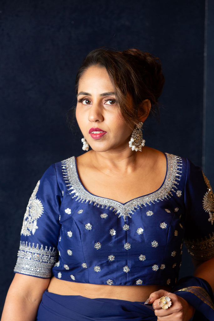 Designer Blue Blouse with Intricate Silver Embroidery and Half Sleeves