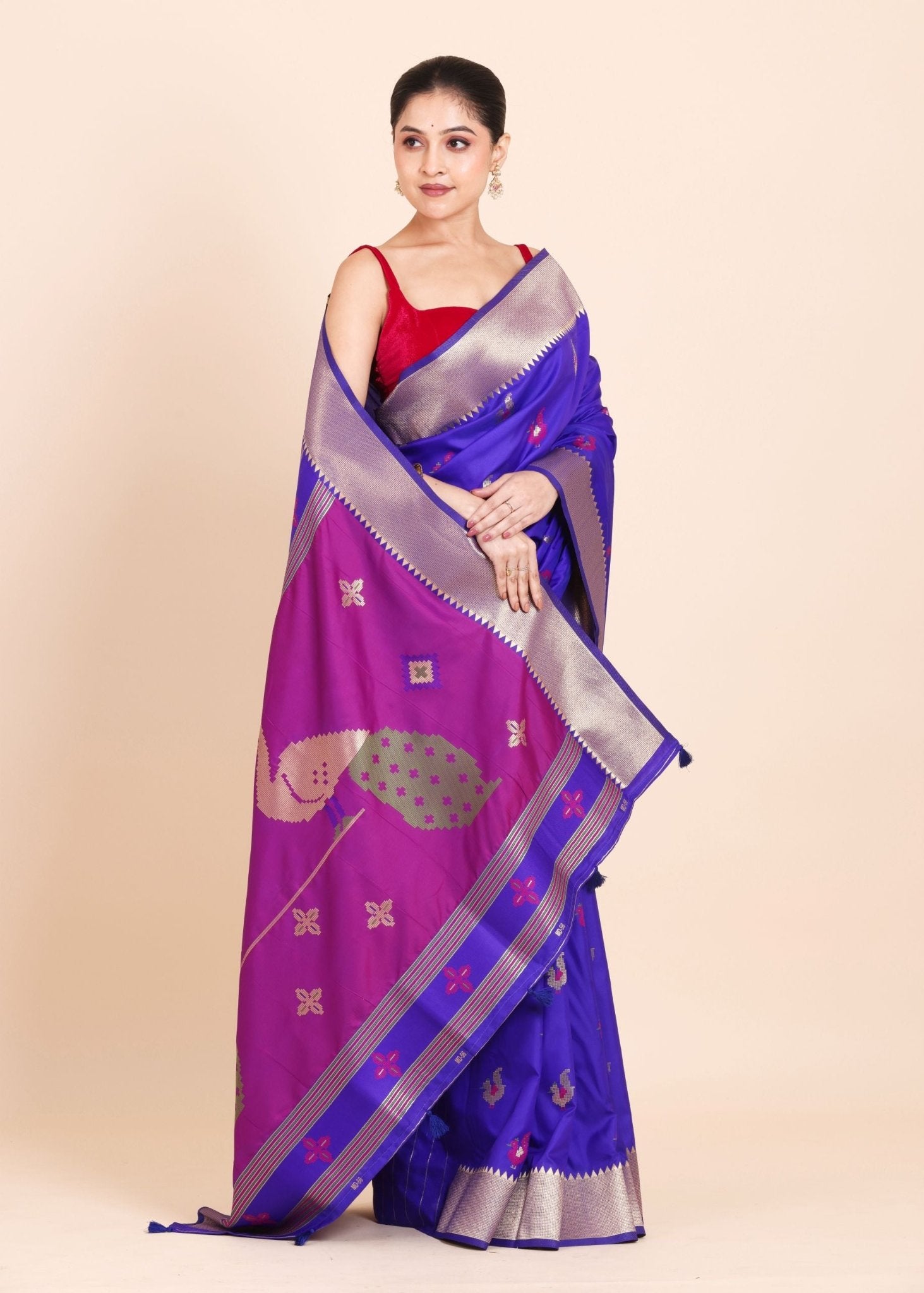 Royal Blue Paithani Saree with Golden border with Purple Pallu - Anvi Couture