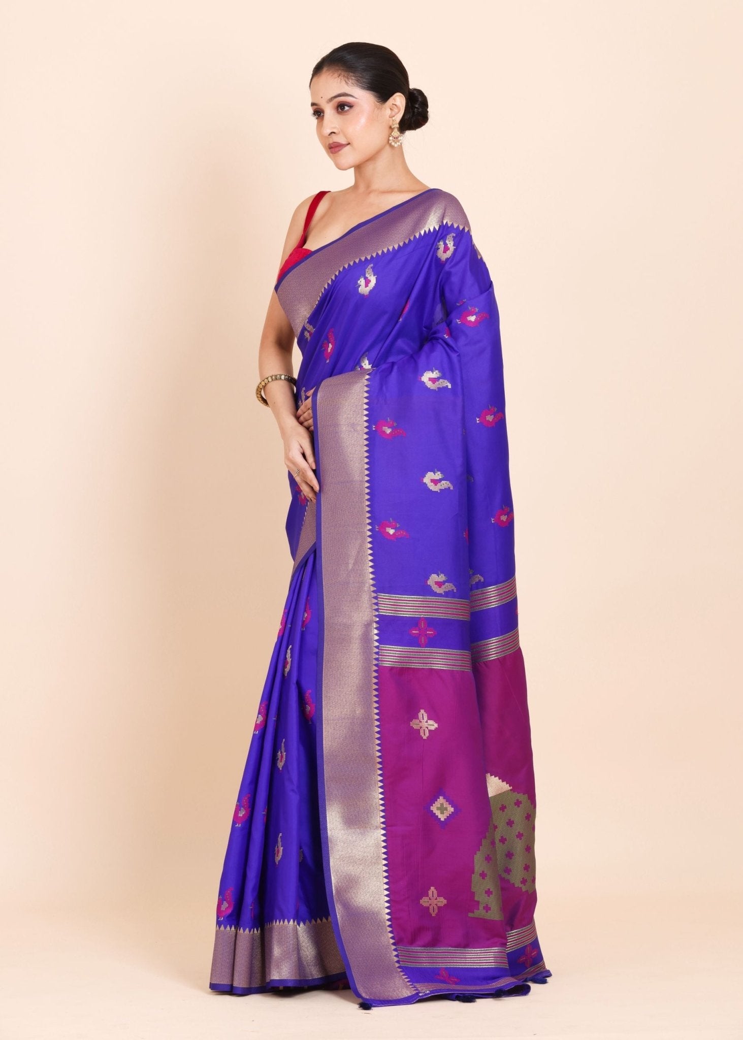Royal Blue Paithani Saree with Golden border with Purple Pallu - Anvi Couture