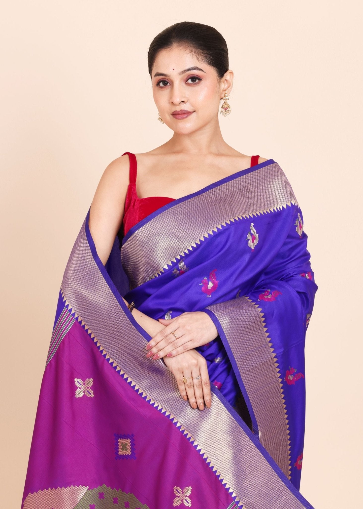 Royal Blue Paithani Saree with Golden border with Purple Pallu - Anvi Couture
