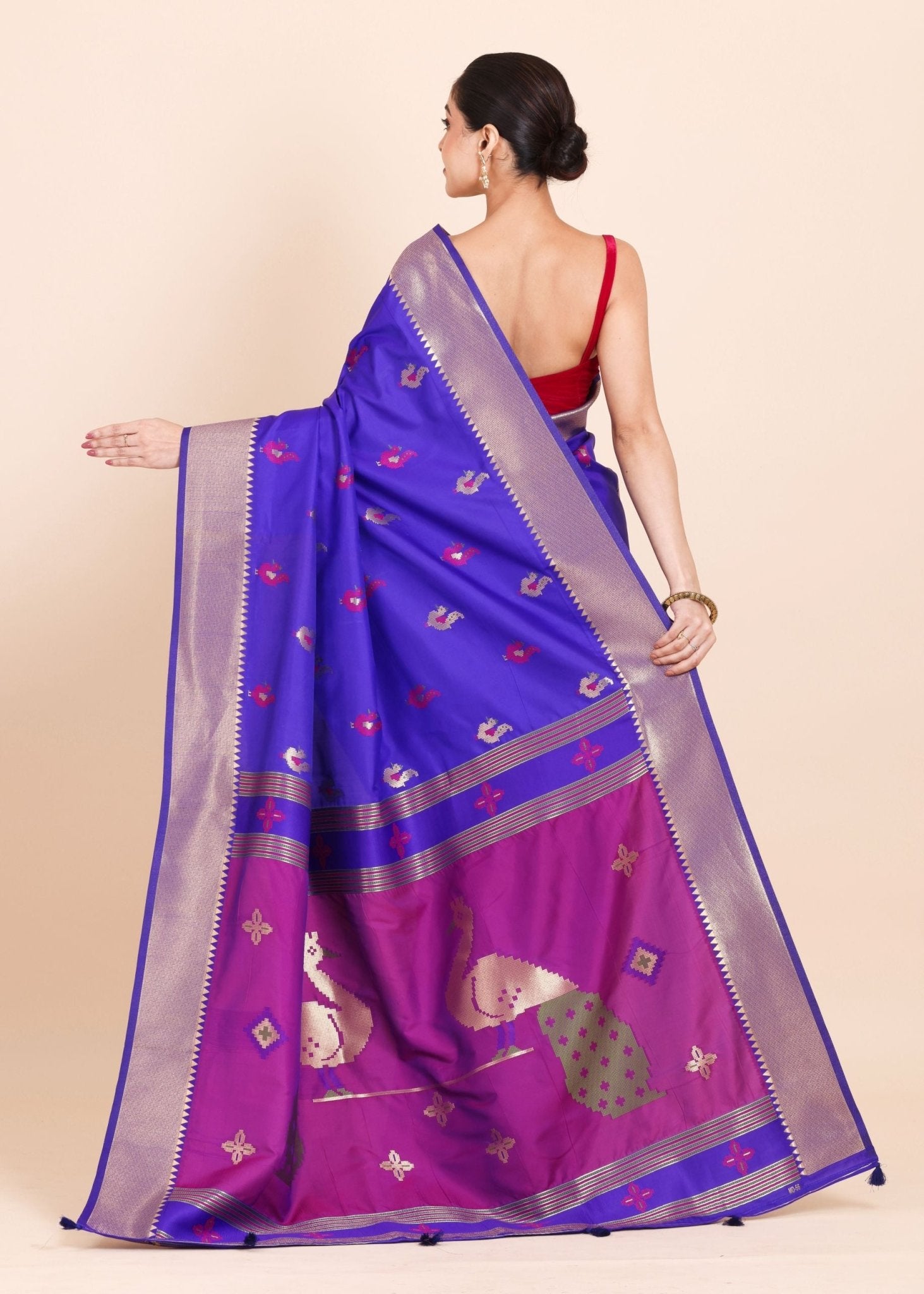 Royal Blue Paithani Saree with Golden border with Purple Pallu - Anvi Couture