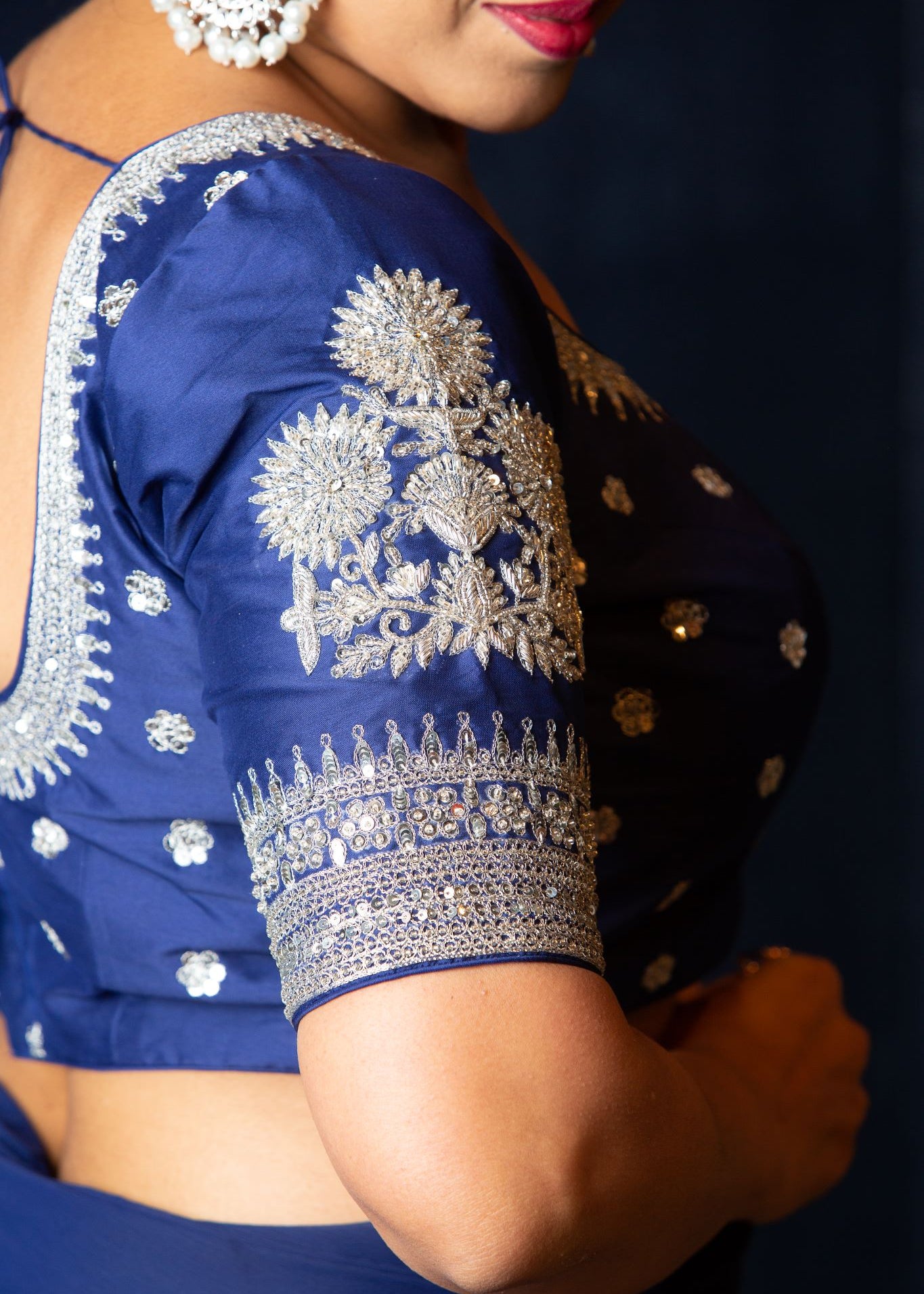 Buy Embroidered Royal Blue Designer Blouse with Silver Highlights for Sarees: Anvi Couture - Image 3